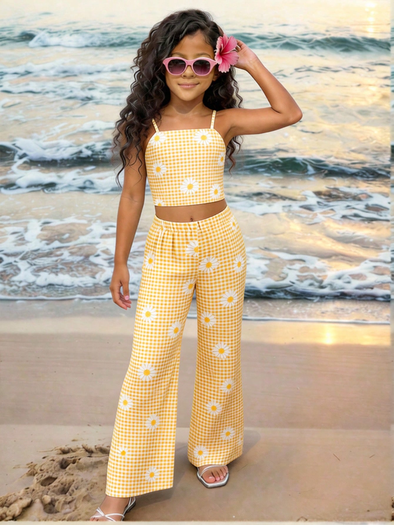 Tween girls casual 2-piece set featuring an apricot woven camisole crop top with back shirring and matching high-waisted loose long pants.