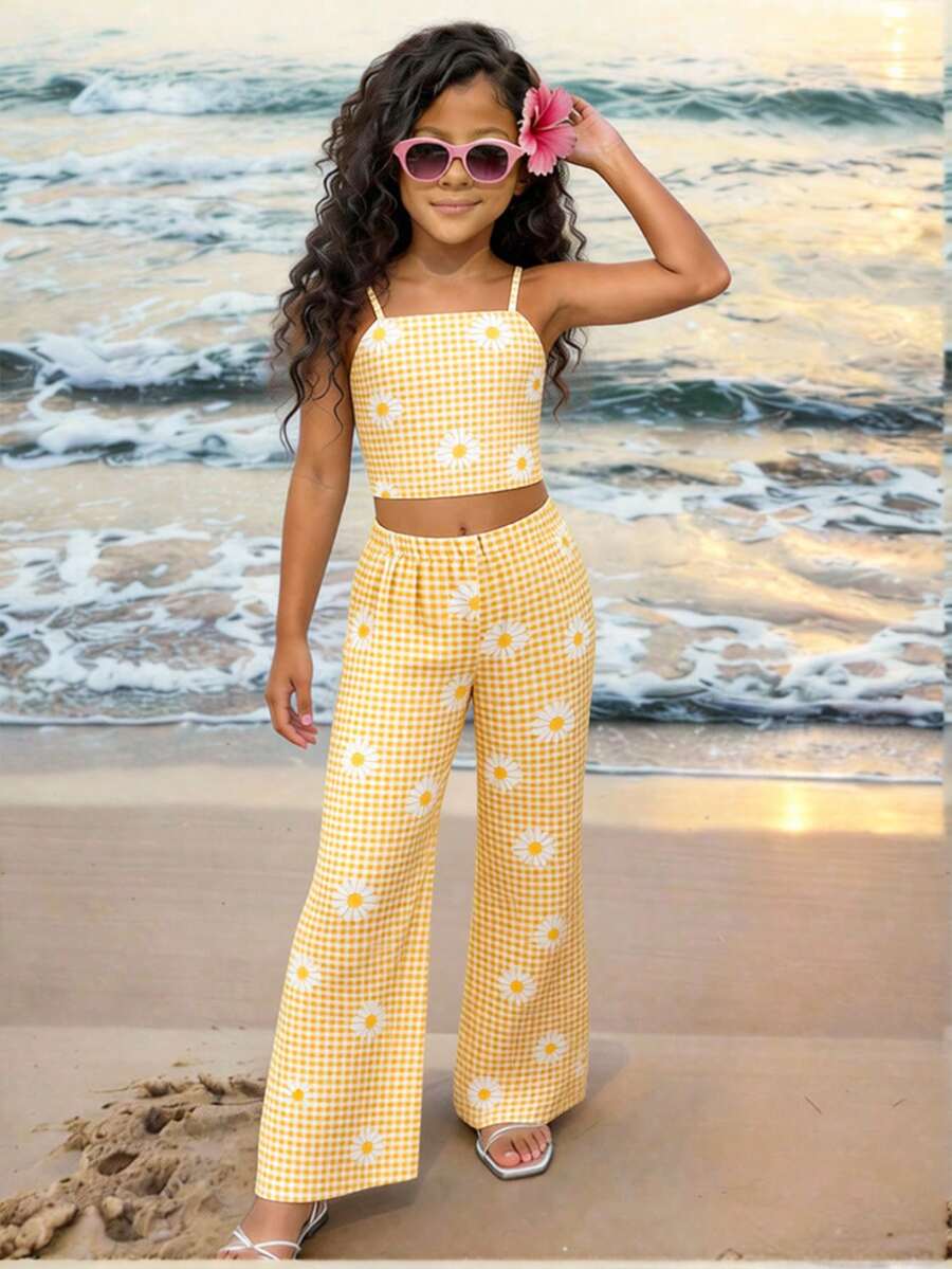 Tween girls casual 2-piece set featuring an apricot woven camisole crop top with back shirring and matching high-waisted loose long pants.