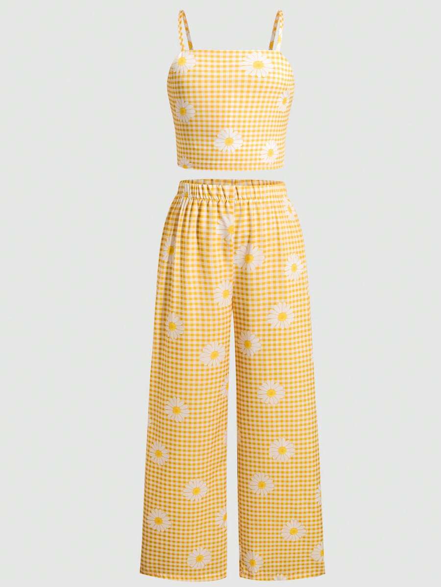 Tween girls casual 2-piece set featuring an apricot woven camisole crop top with back shirring and matching high-waisted loose long pants.