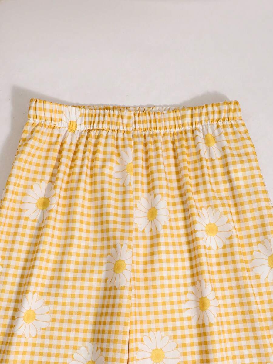 Tween girls casual 2-piece set featuring an apricot woven camisole crop top with back shirring and matching high-waisted loose long pants.