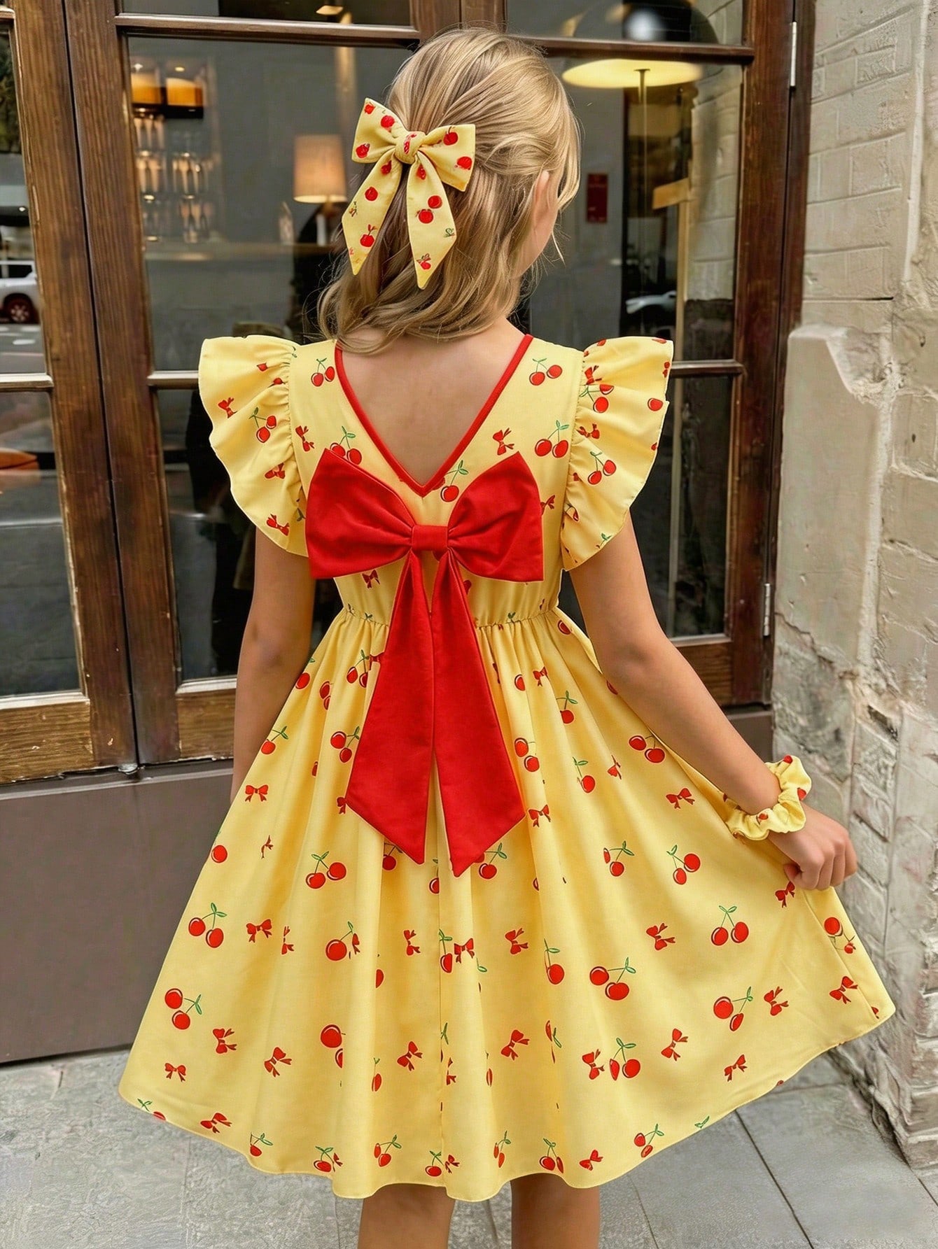 Tween girls blue short smock dress featuring flounce short sleeves, high waist flared hem, round neck, and front bow detail.