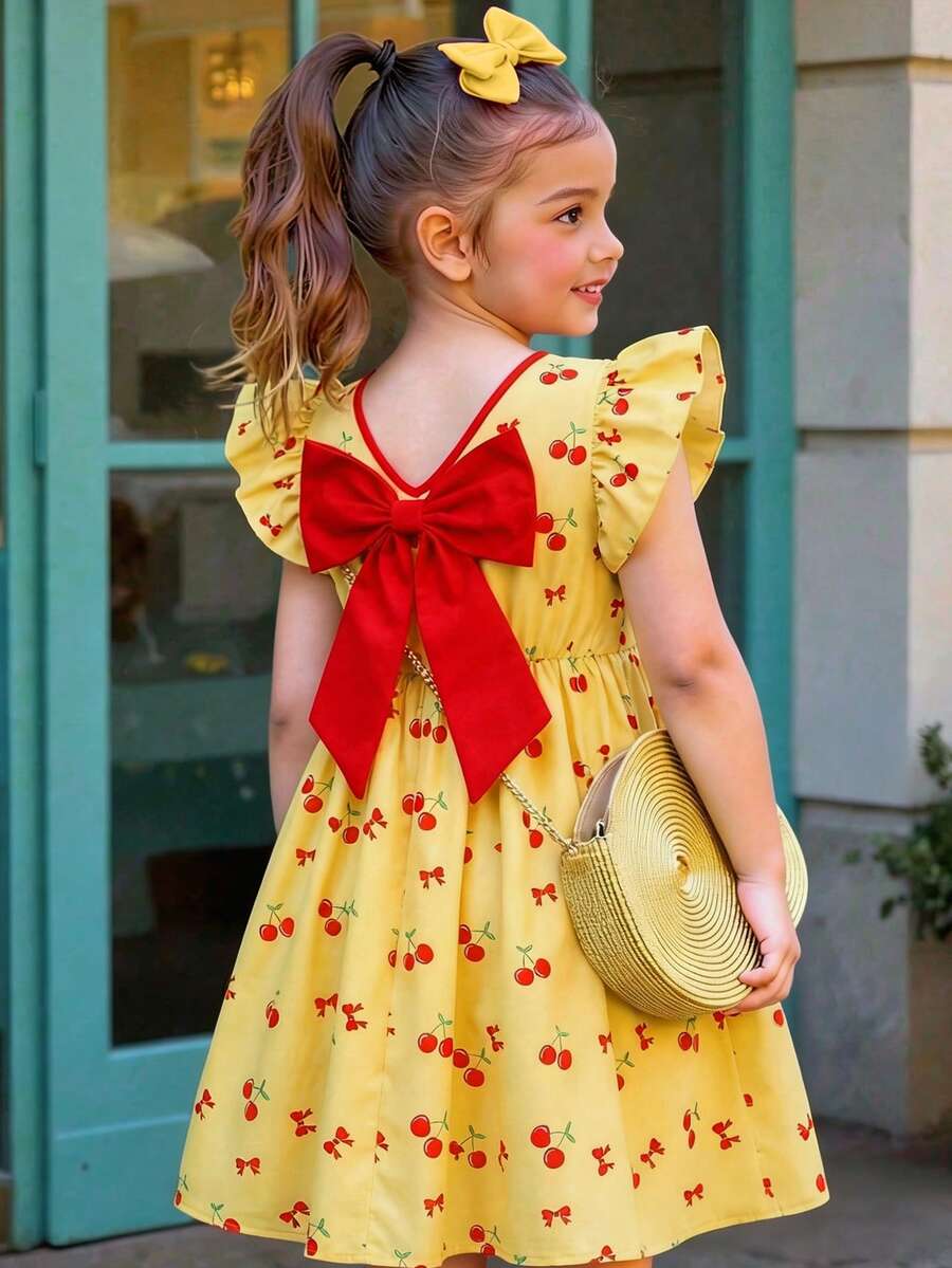 Tween girls blue short smock dress featuring flounce short sleeves, high waist flared hem, round neck, and front bow detail.