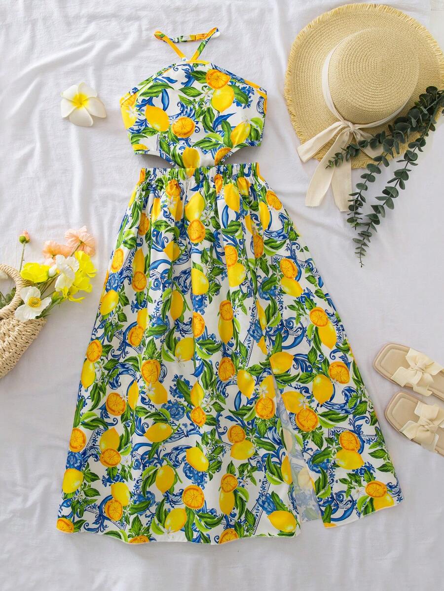 Tween girls floral halter dress with backless sleeveless design, belted high waist, shirred details, appliques, and flared A-line midi silhouette for summer vacation or graduation outfit.
