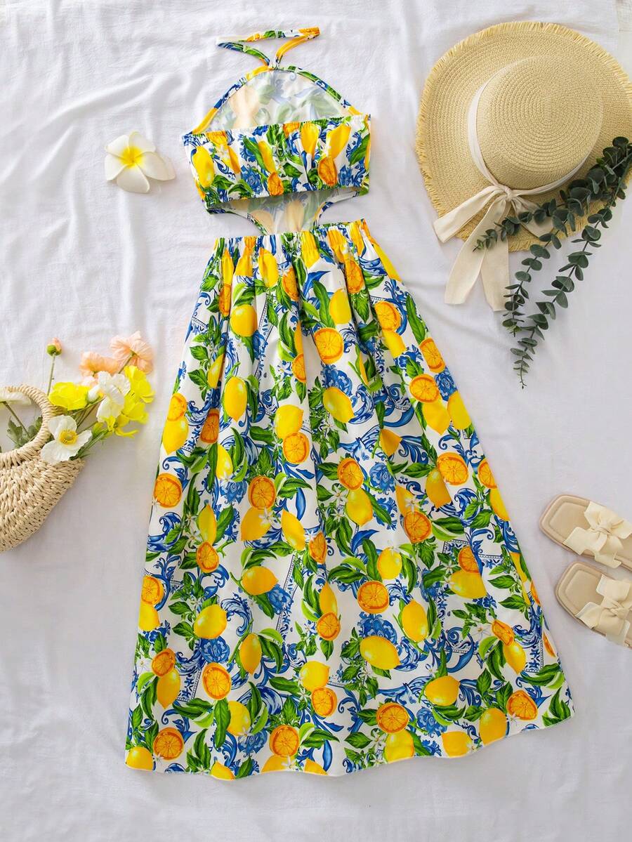 Tween girls floral halter dress with backless sleeveless design, belted high waist, shirred details, appliques, and flared A-line midi silhouette for summer vacation or graduation outfit.