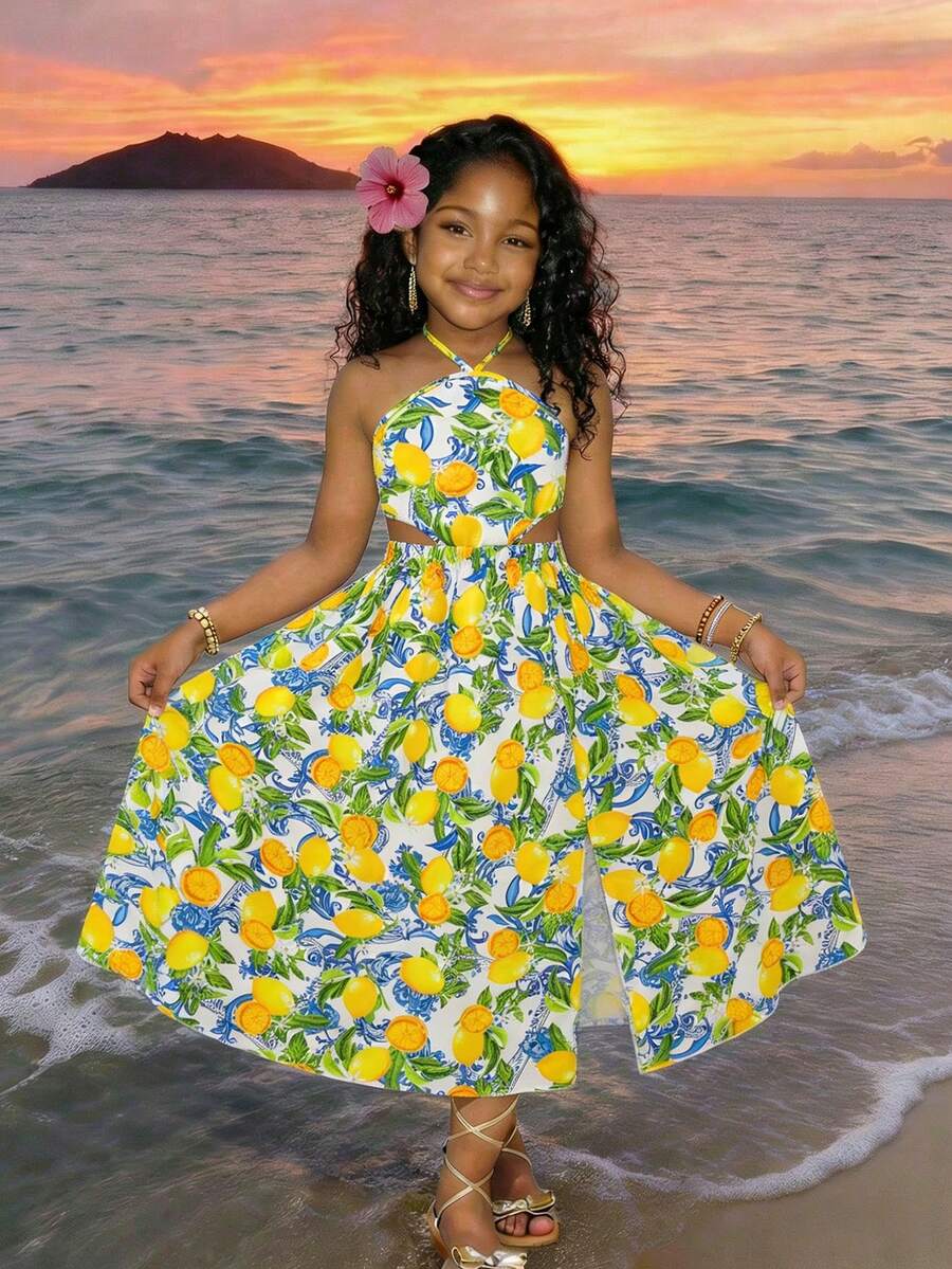 Tween girls floral halter dress with backless sleeveless design, belted high waist, shirred details, appliques, and flared A-line midi silhouette for summer vacation or graduation outfit.