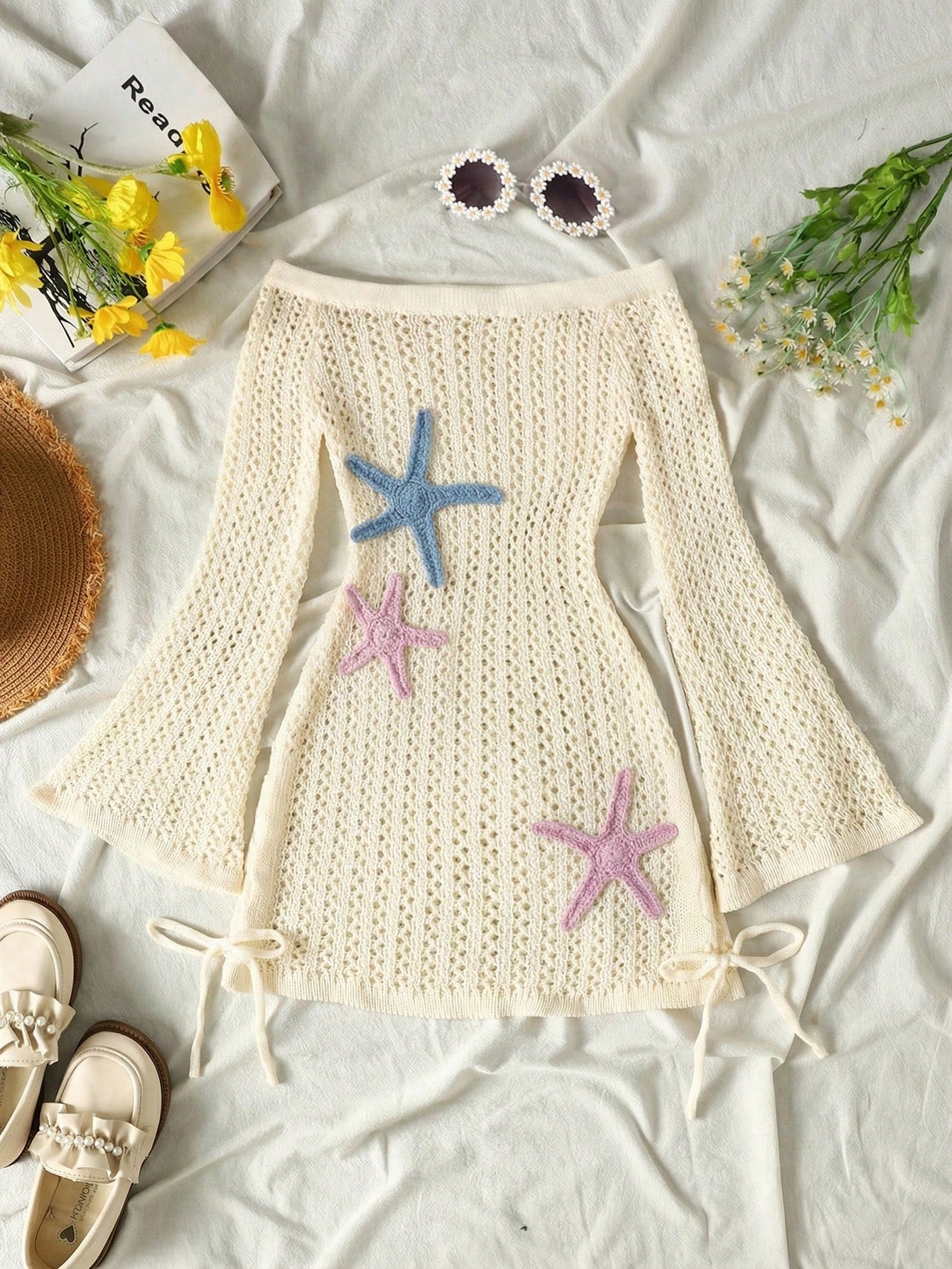 Tween girls off-the-shoulder beach cover-up dress with long sleeves, geometric pattern, and long length, made from 100% polyester fabric for casual swimwear layering.