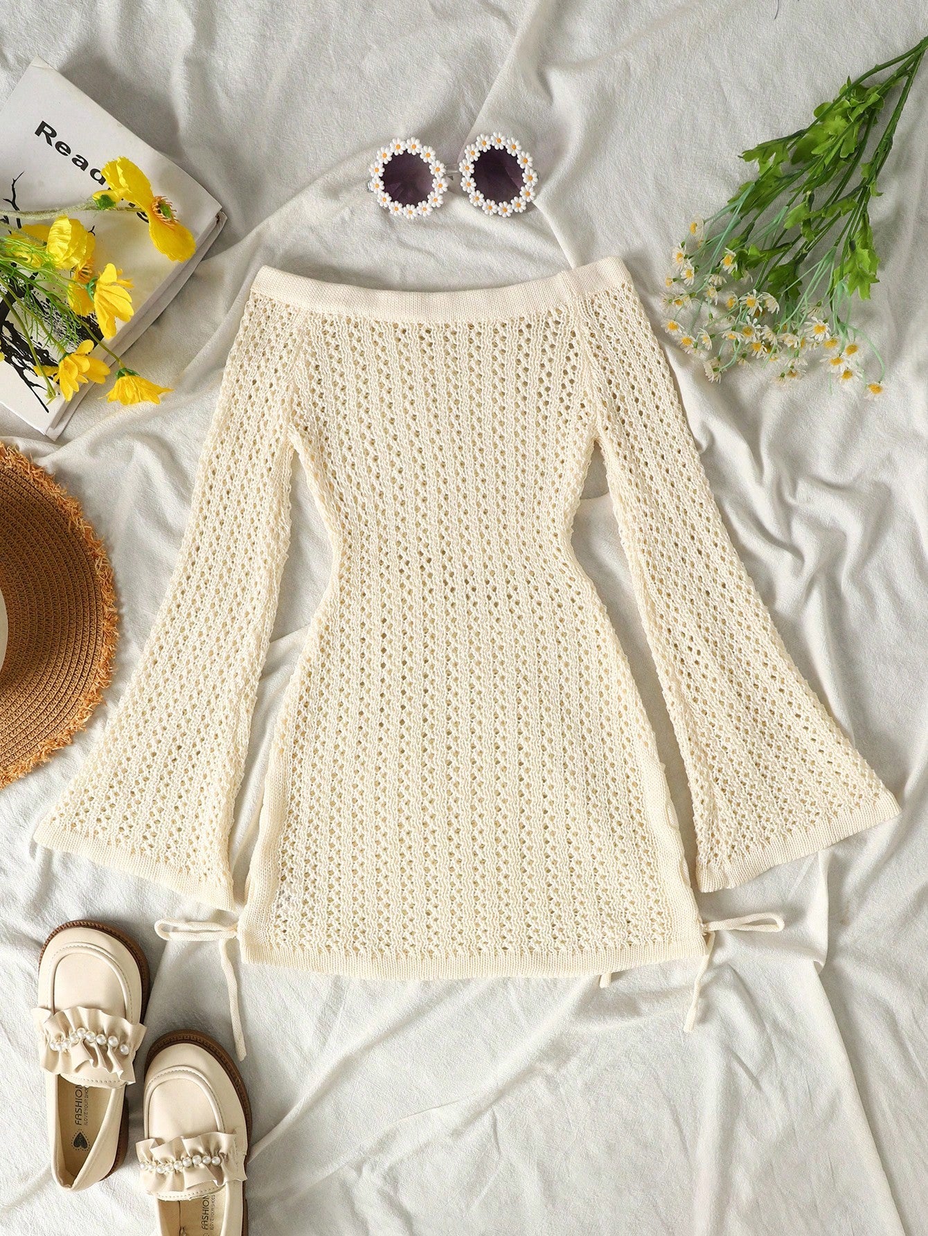 Tween girls off-the-shoulder beach cover-up dress with long sleeves, geometric pattern, and long length, made from 100% polyester fabric for casual swimwear layering.
