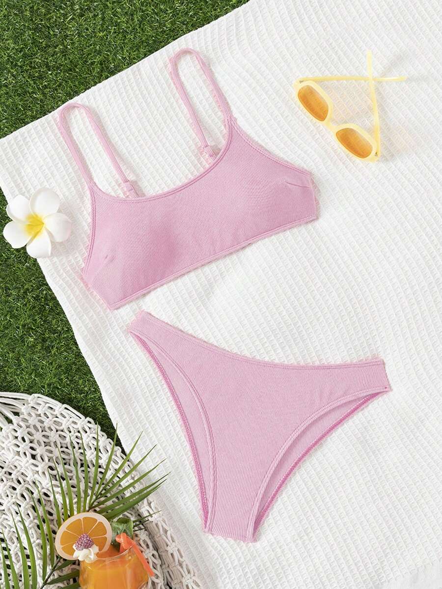 Apricot ribbed high waist two piece bikini swimsuit set for women featuring backless spaghetti strap top and high waisted bottoms.