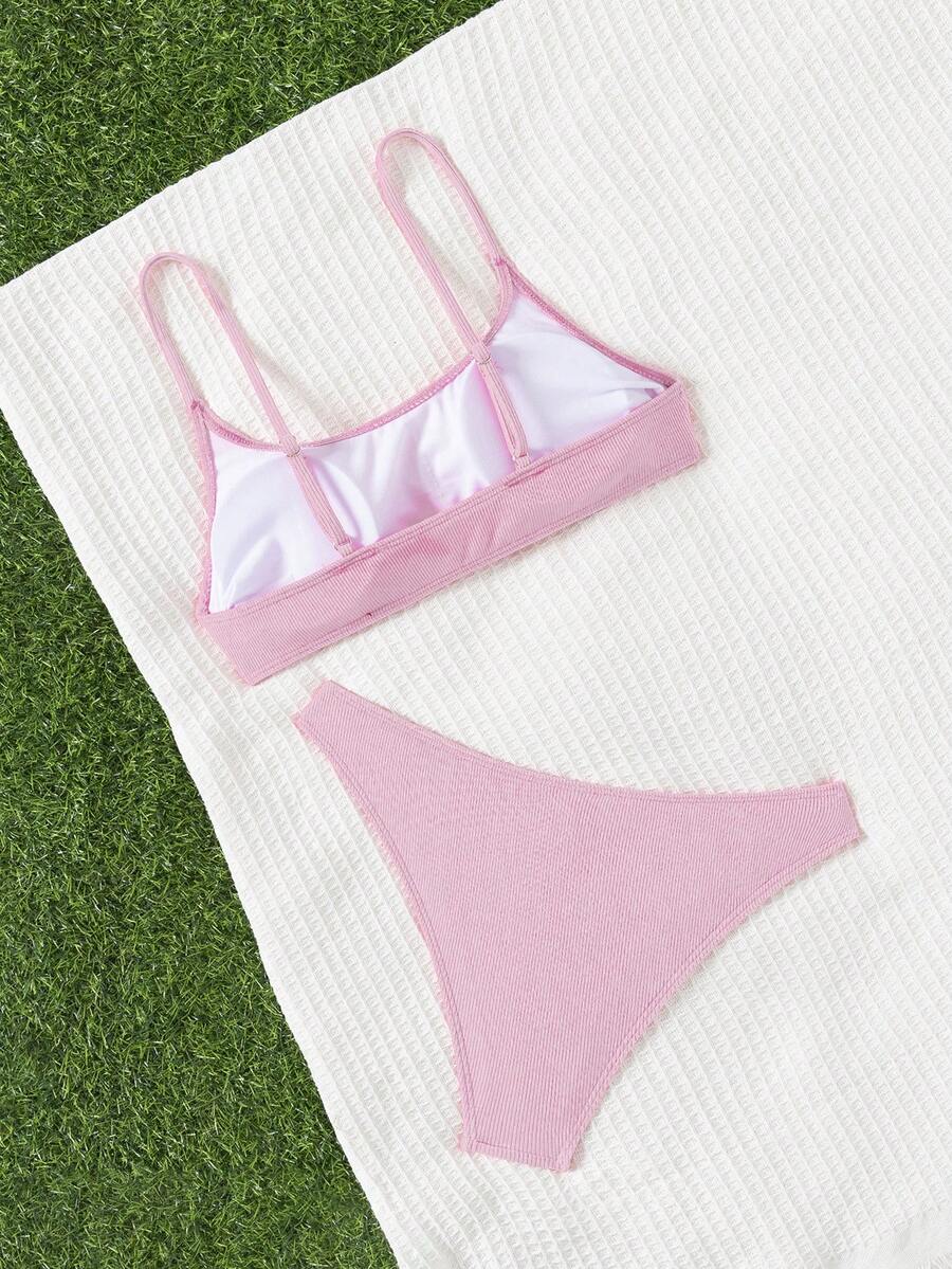 Apricot ribbed high waist two piece bikini swimsuit set for women featuring backless spaghetti strap top and high waisted bottoms.