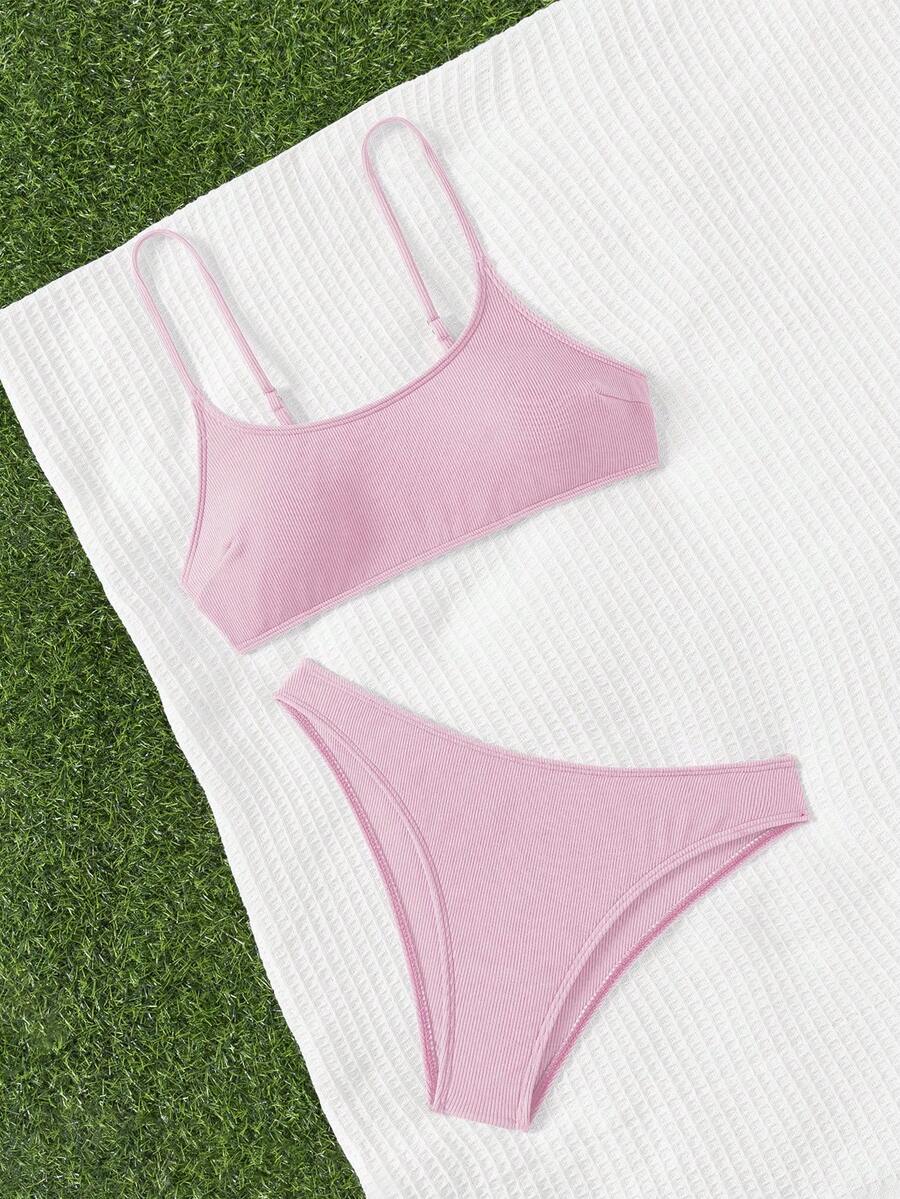 Apricot ribbed high waist two piece bikini swimsuit set for women featuring backless spaghetti strap top and high waisted bottoms.