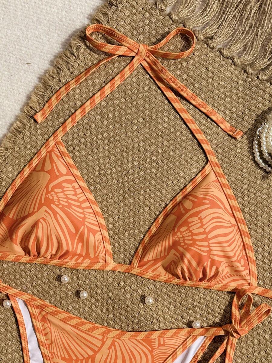Women's apricot solid halter tie bikini top with triangle cups and matching tie-side swimsuit bottoms.