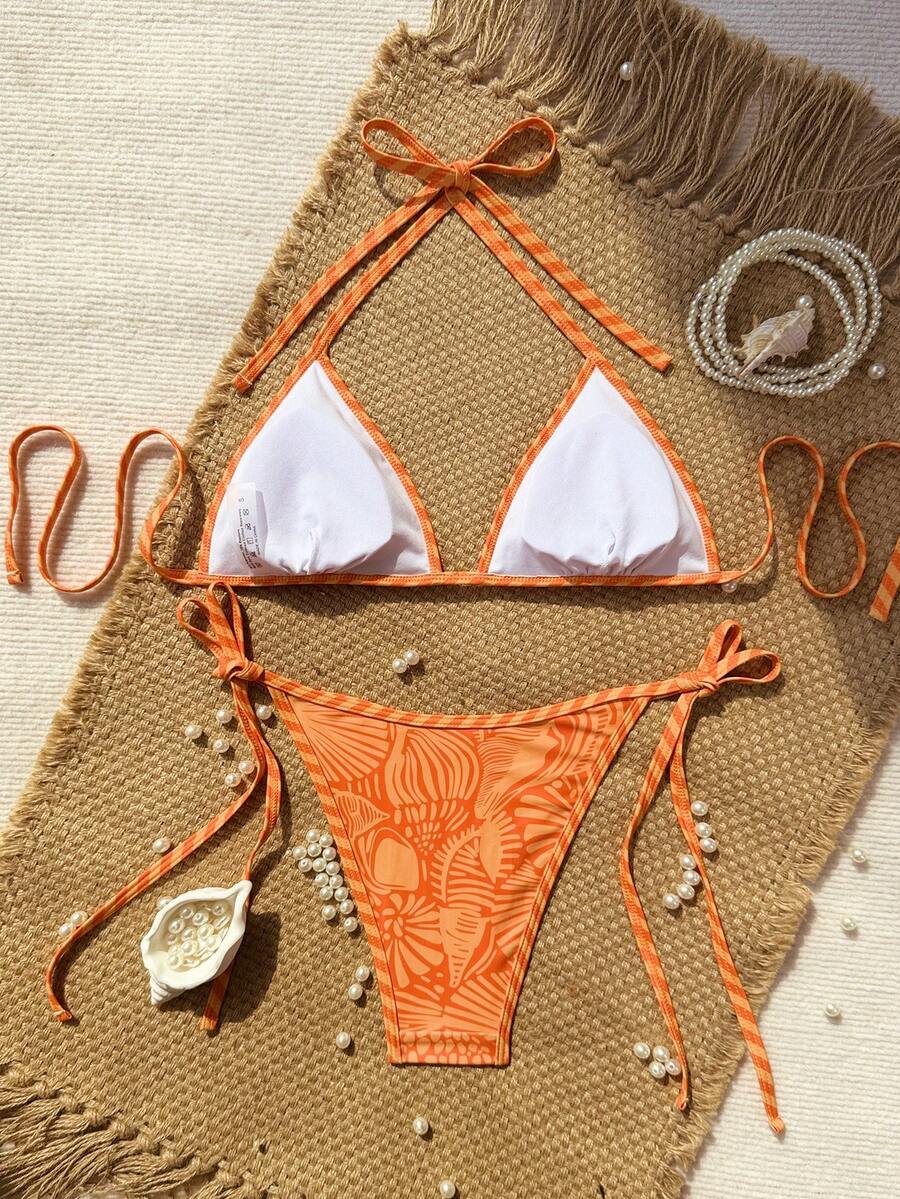 Women's apricot solid halter tie bikini top with triangle cups and matching tie-side swimsuit bottoms.