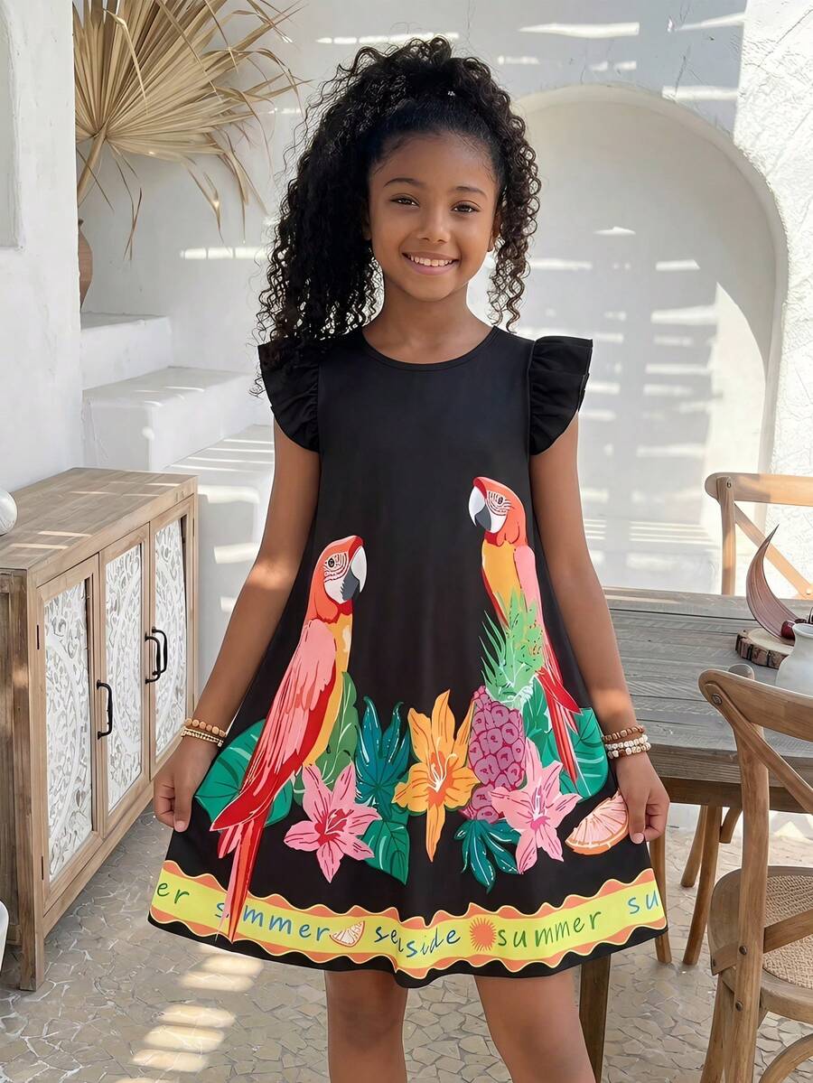 Tween girls sleeveless tropical floral mini dress in black with round neck and ruffle hem detail