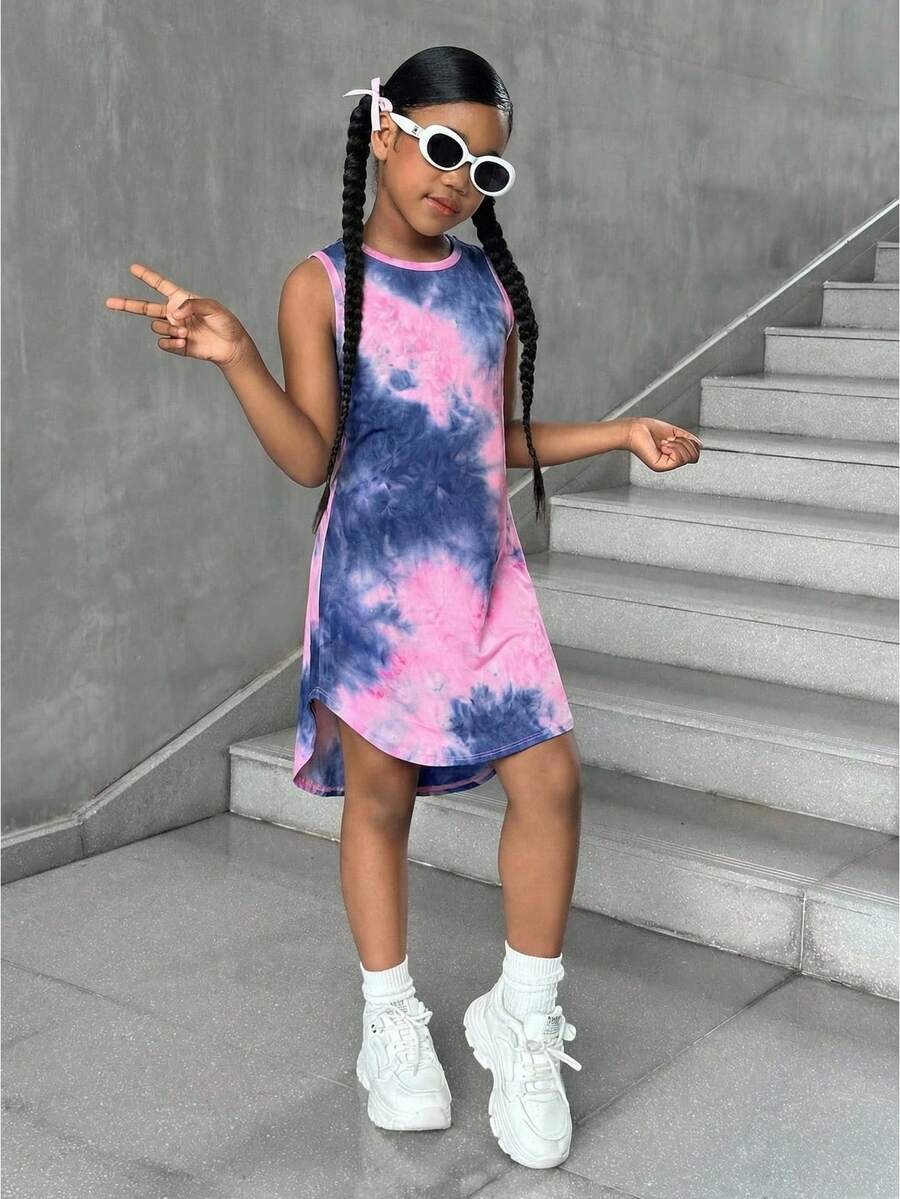 Tween girls sleeveless tie-dye tank dress with round neck, loose fit, short length, and asymmetrical hem in a casual streetwear style