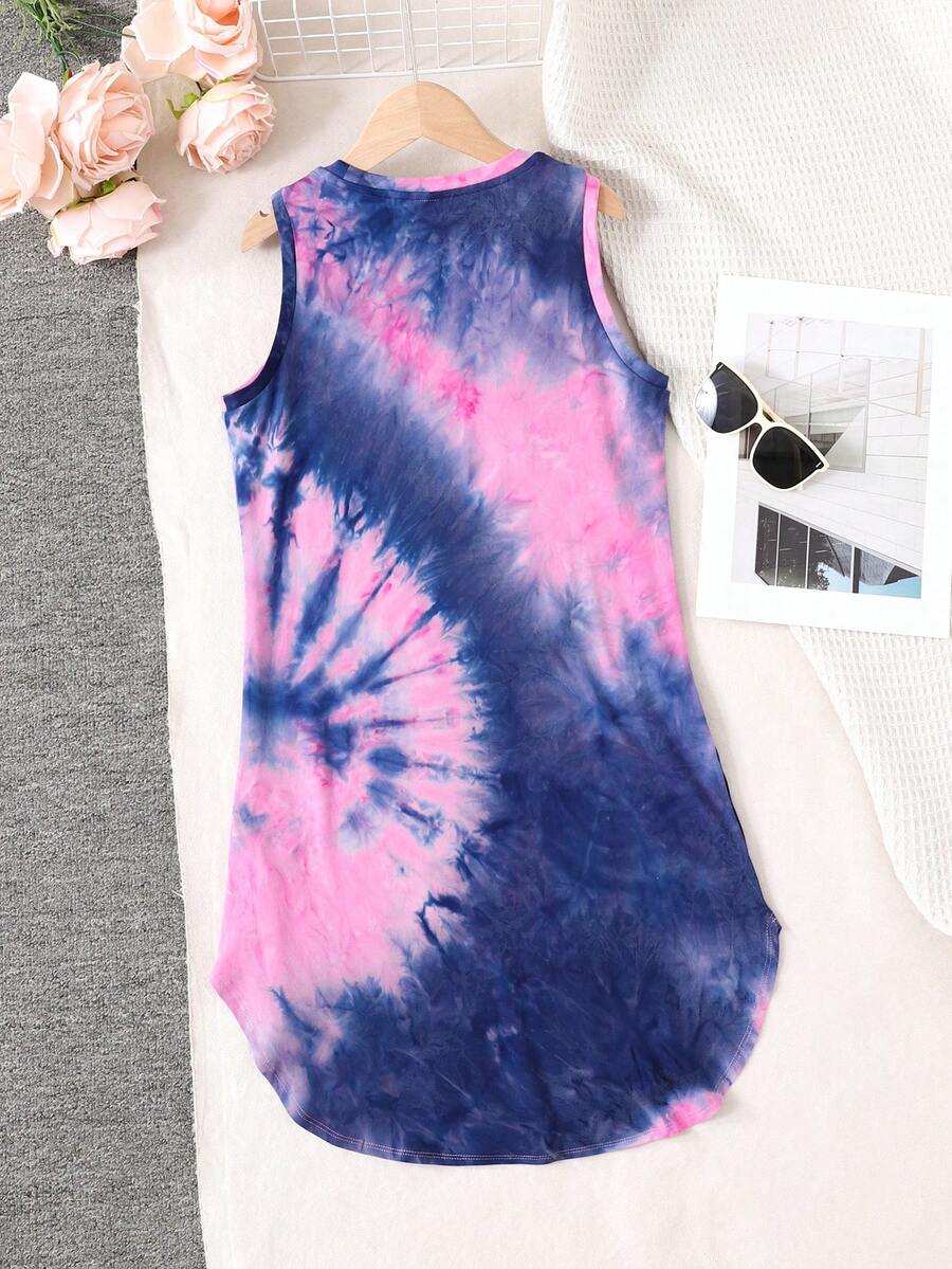 Tween girls sleeveless tie-dye tank dress with round neck, loose fit, short length, and asymmetrical hem in a casual streetwear style