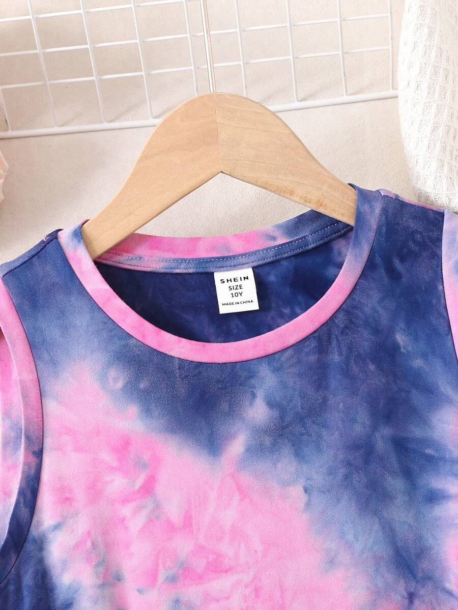 Tween girls sleeveless tie-dye tank dress with round neck, loose fit, short length, and asymmetrical hem in a casual streetwear style
