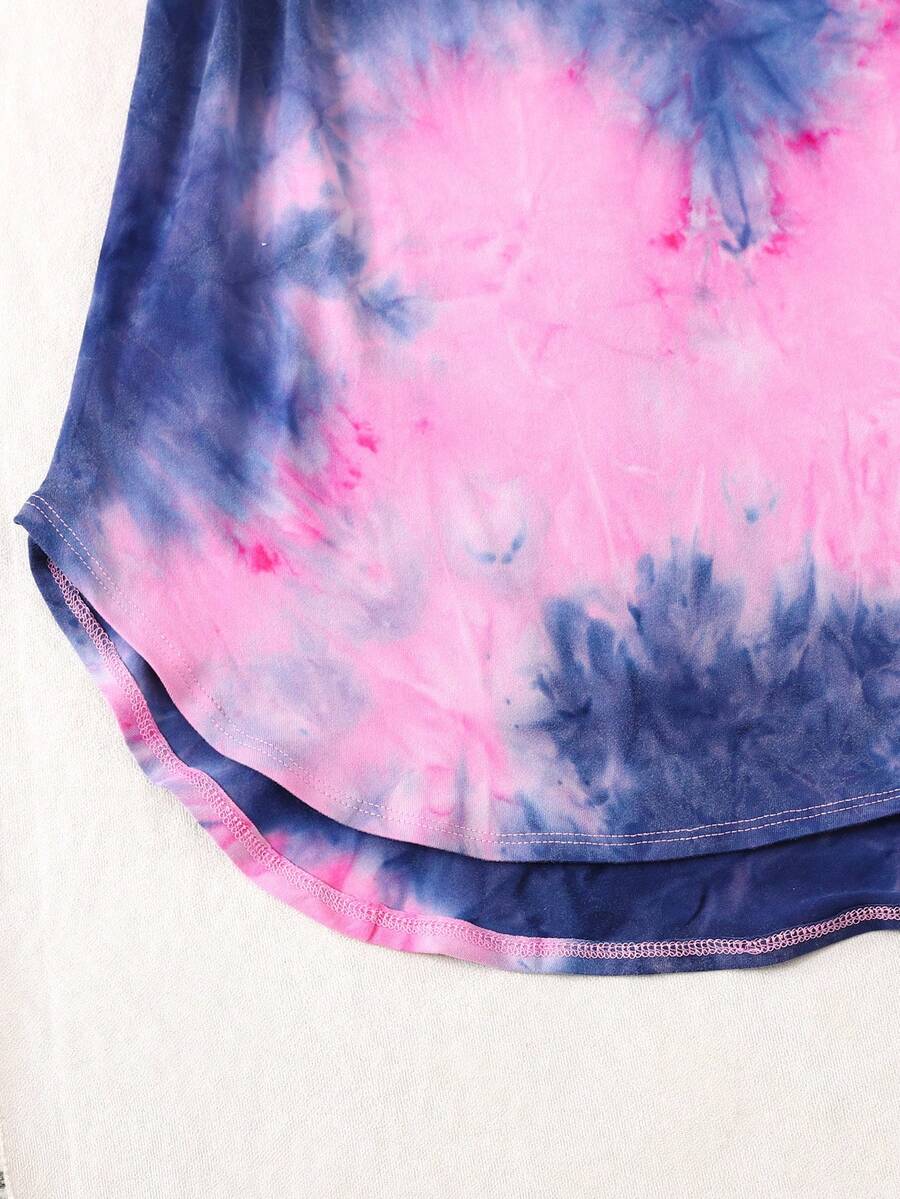 Tween girls sleeveless tie-dye tank dress with round neck, loose fit, short length, and asymmetrical hem in a casual streetwear style