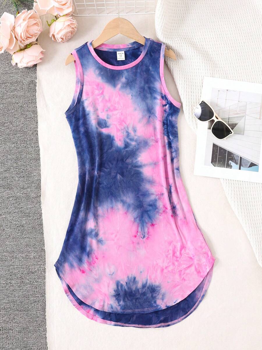 Tween girls sleeveless tie-dye tank dress with round neck, loose fit, short length, and asymmetrical hem in a casual streetwear style