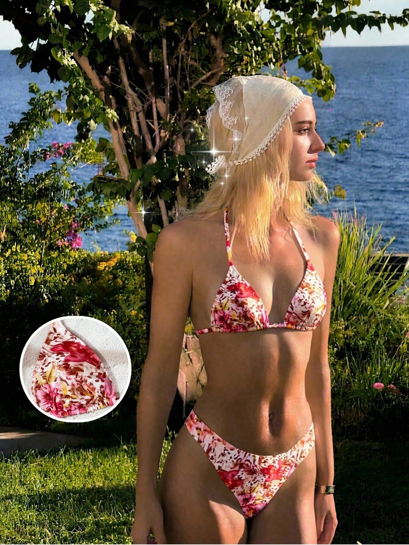 Women's apricot 2-piece halter bikini set featuring a wireless triangle top with tie-back detail and high-waisted high-cut bottoms.