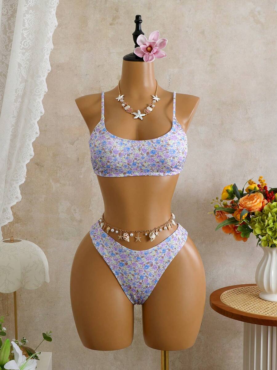 Apricot ribbed high waist two piece bikini swimsuit set for women featuring backless spaghetti strap top and high waisted bottoms.