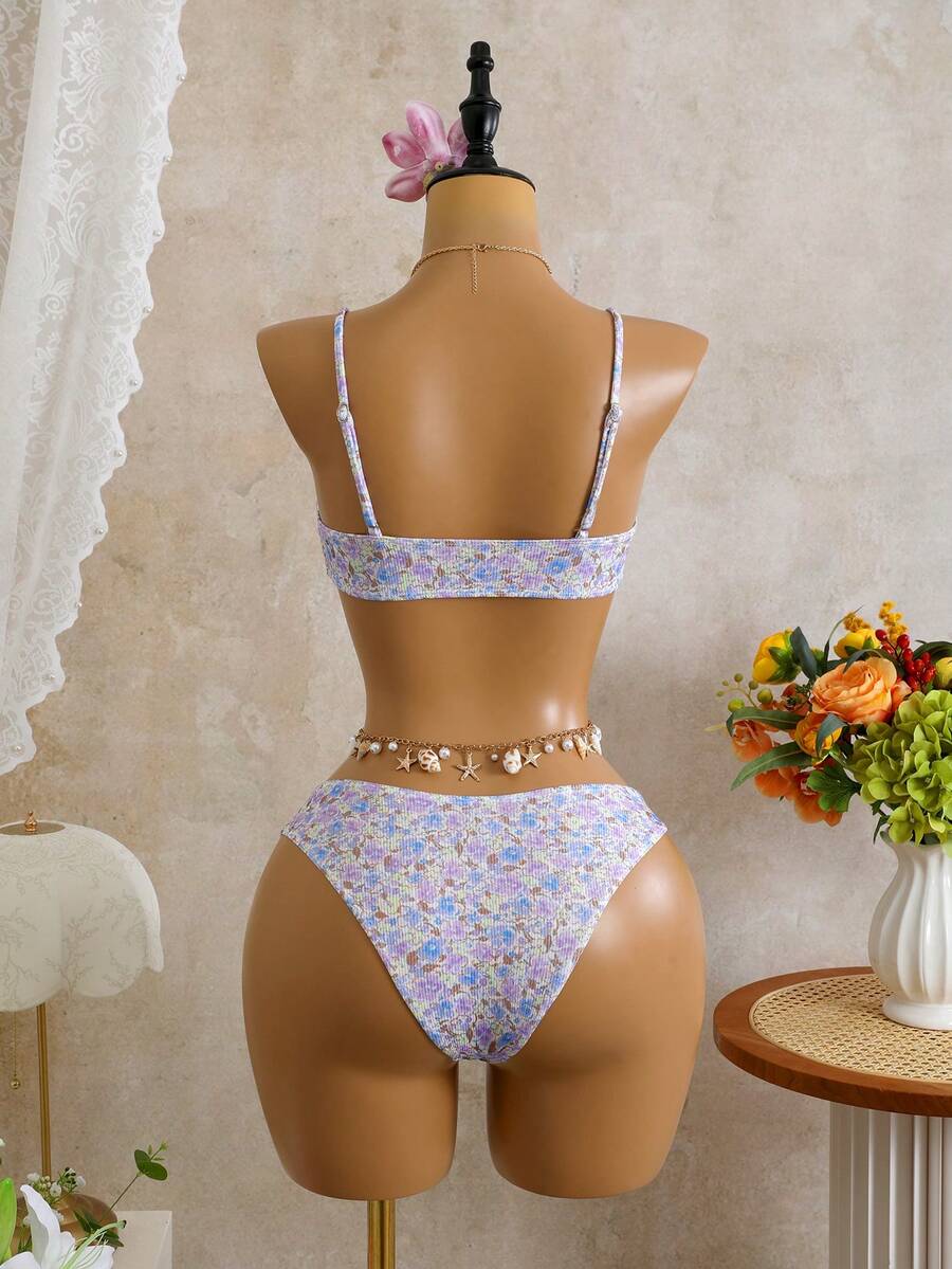 Apricot ribbed high waist two piece bikini swimsuit set for women featuring backless spaghetti strap top and high waisted bottoms.