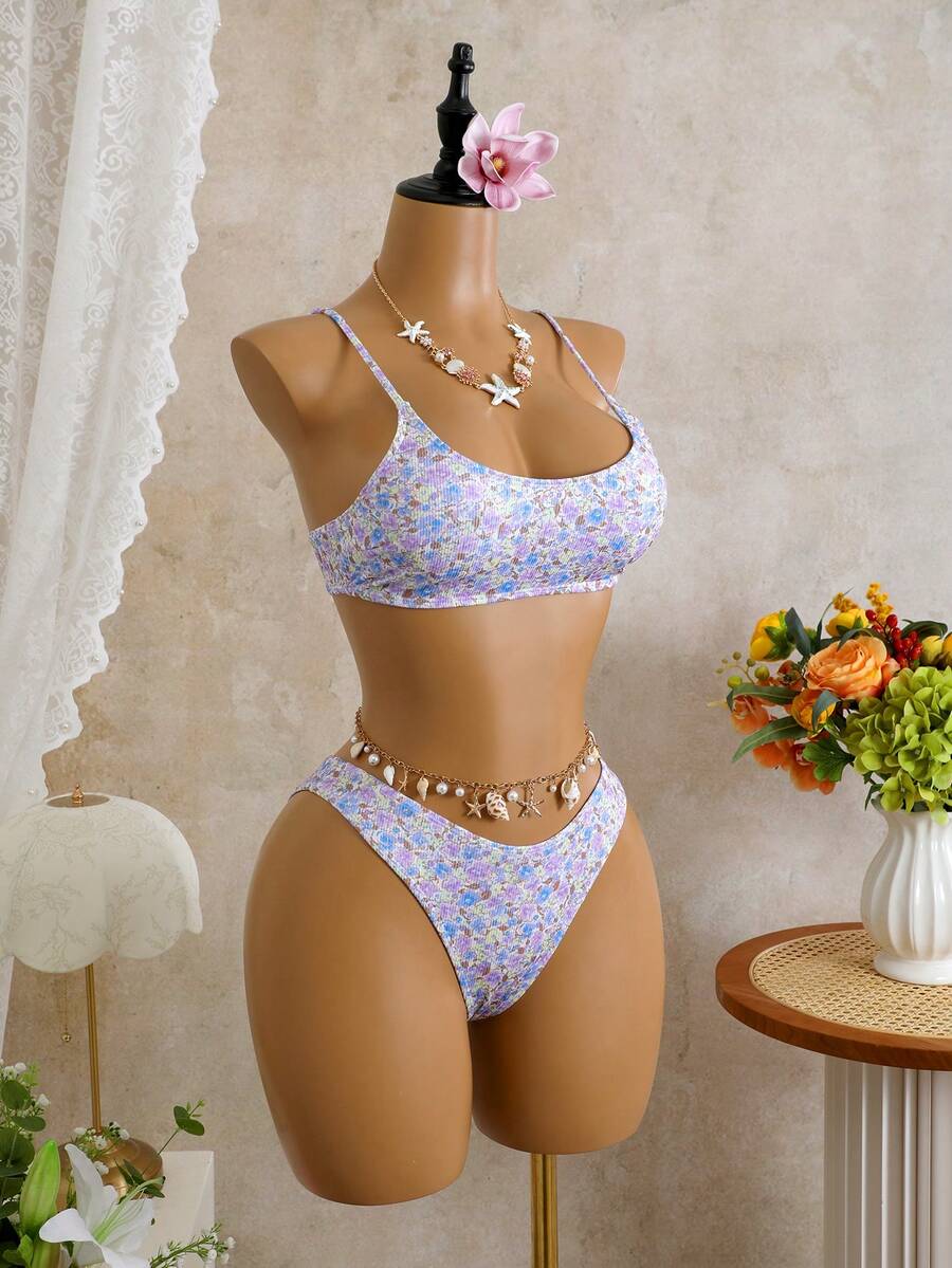 Apricot ribbed high waist two piece bikini swimsuit set for women featuring backless spaghetti strap top and high waisted bottoms.