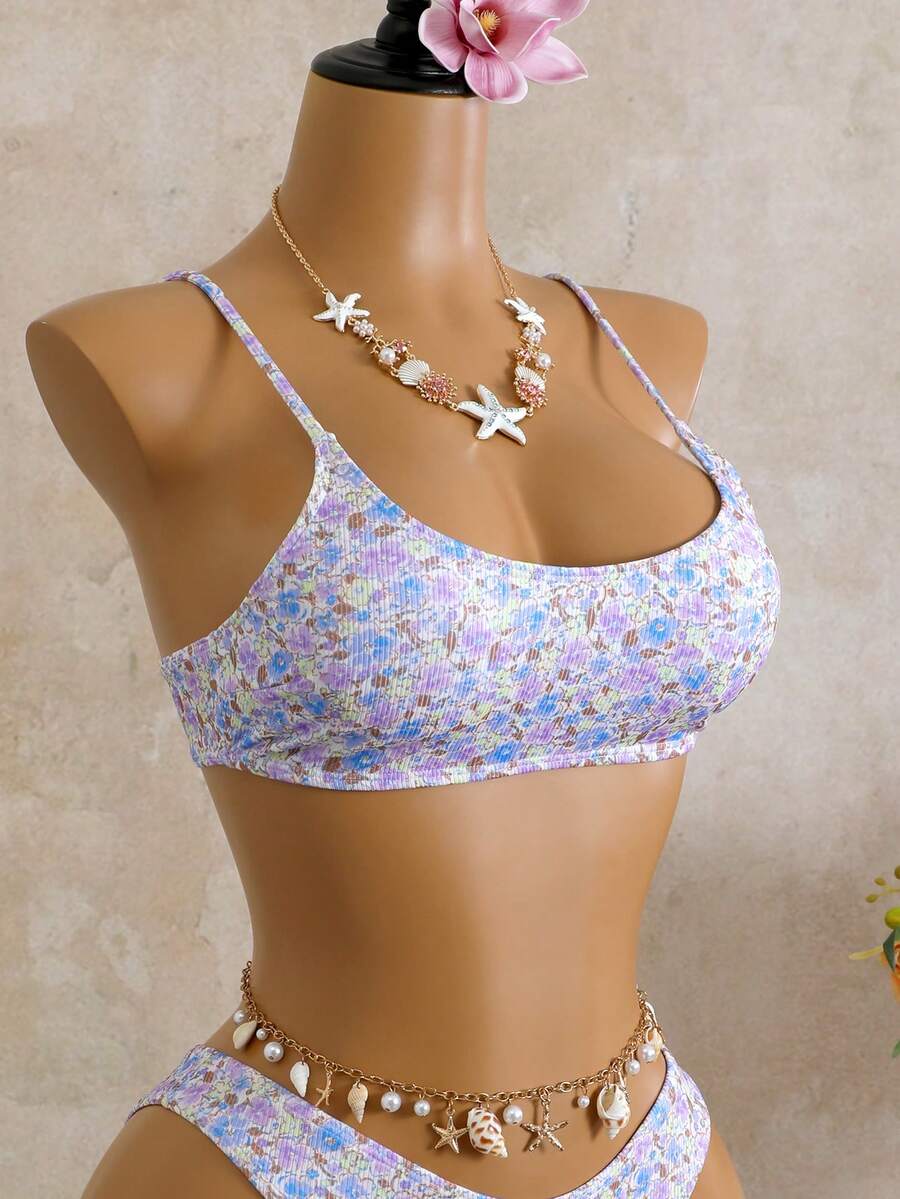 Apricot ribbed high waist two piece bikini swimsuit set for women featuring backless spaghetti strap top and high waisted bottoms.
