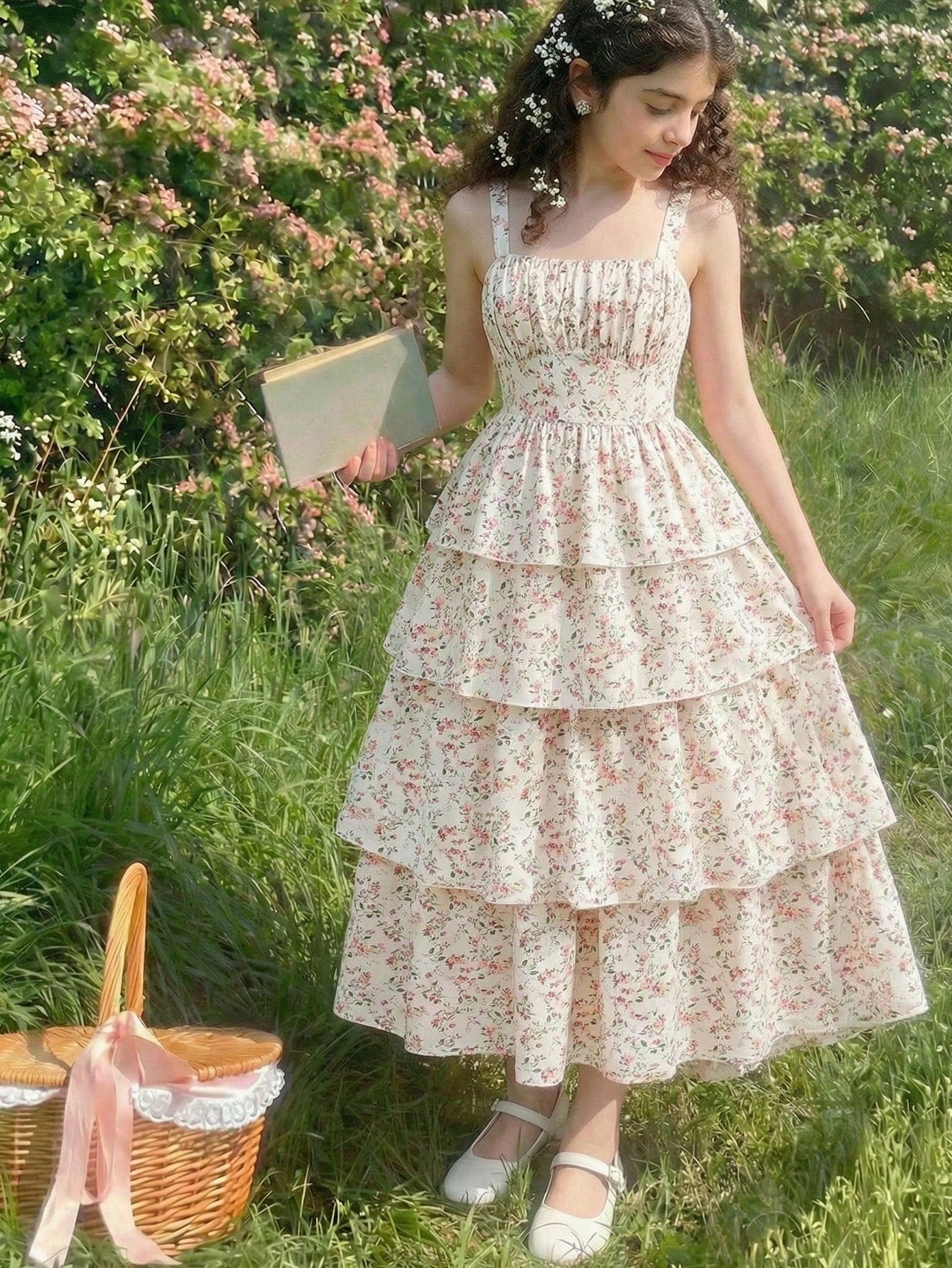 Tween girls blue ditsy floral sleeveless long dress with spaghetti straps, ruched bust, high waist, and tiered layered hem.