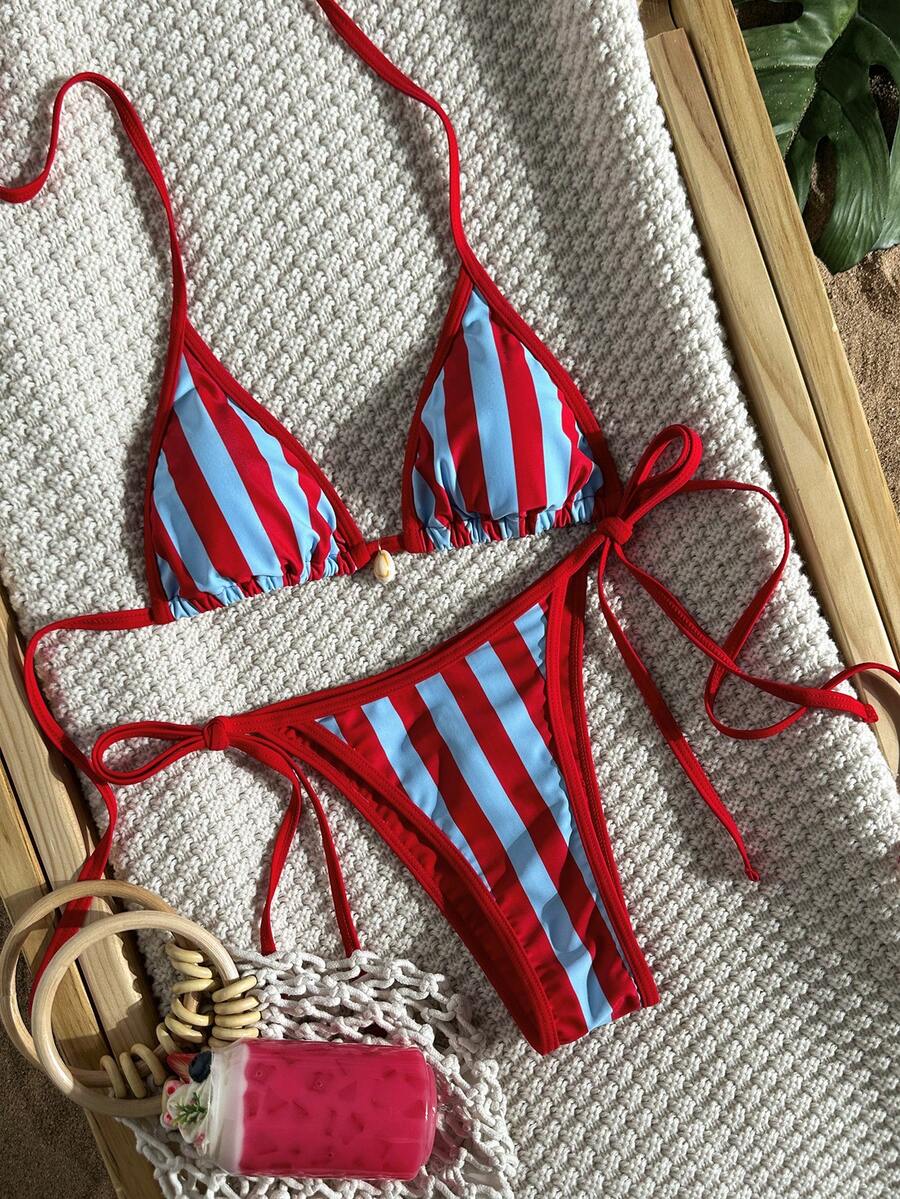 Apricot 2-piece bikini swimwear set featuring a textured halter triangle cup top with knot details and matching tie-side bottoms for women.