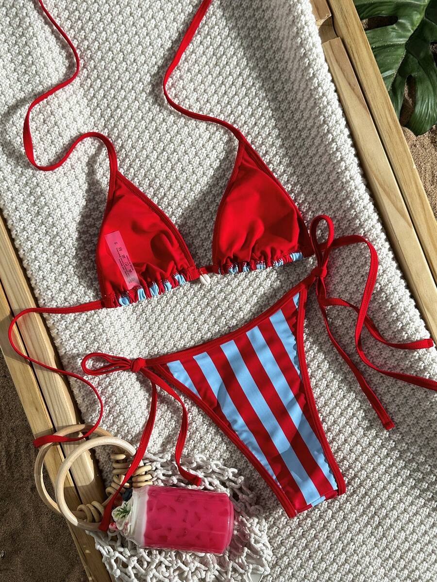 Apricot 2-piece bikini swimwear set featuring a textured halter triangle cup top with knot details and matching tie-side bottoms for women.