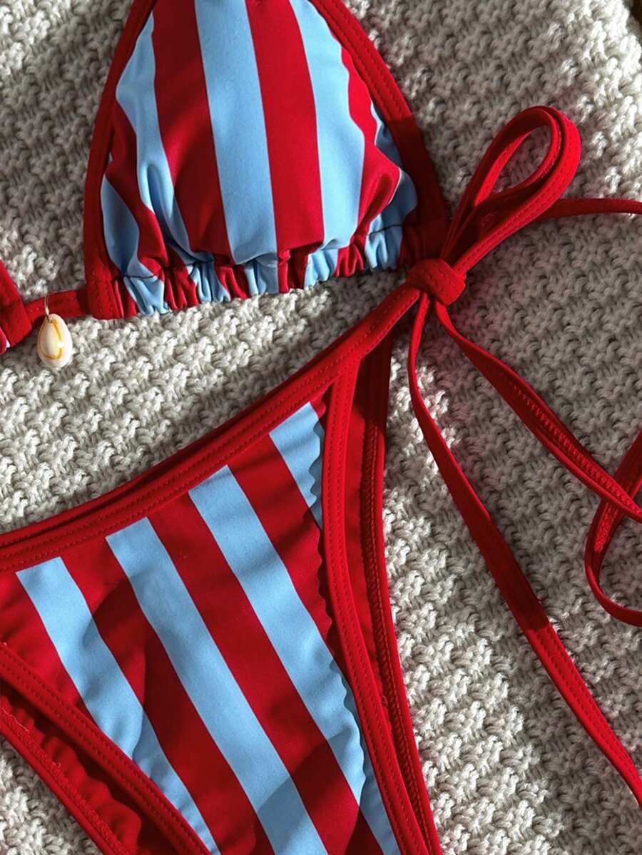 Apricot 2-piece bikini swimwear set featuring a textured halter triangle cup top with knot details and matching tie-side bottoms for women.