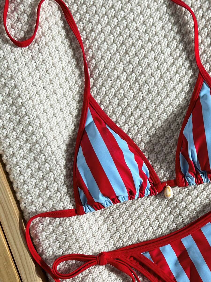 Apricot 2-piece bikini swimwear set featuring a textured halter triangle cup top with knot details and matching tie-side bottoms for women.