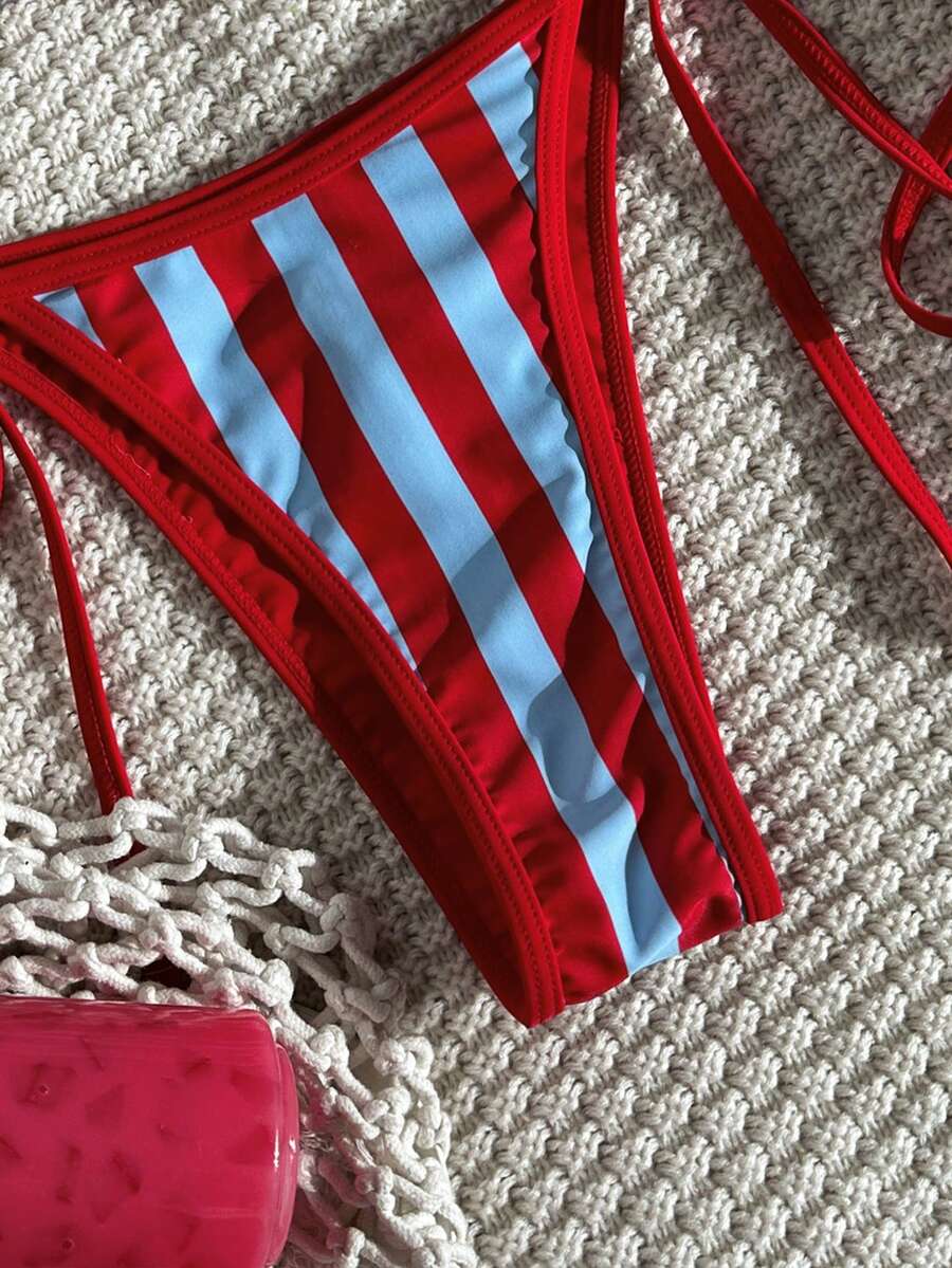 Apricot 2-piece bikini swimwear set featuring a textured halter triangle cup top with knot details and matching tie-side bottoms for women.