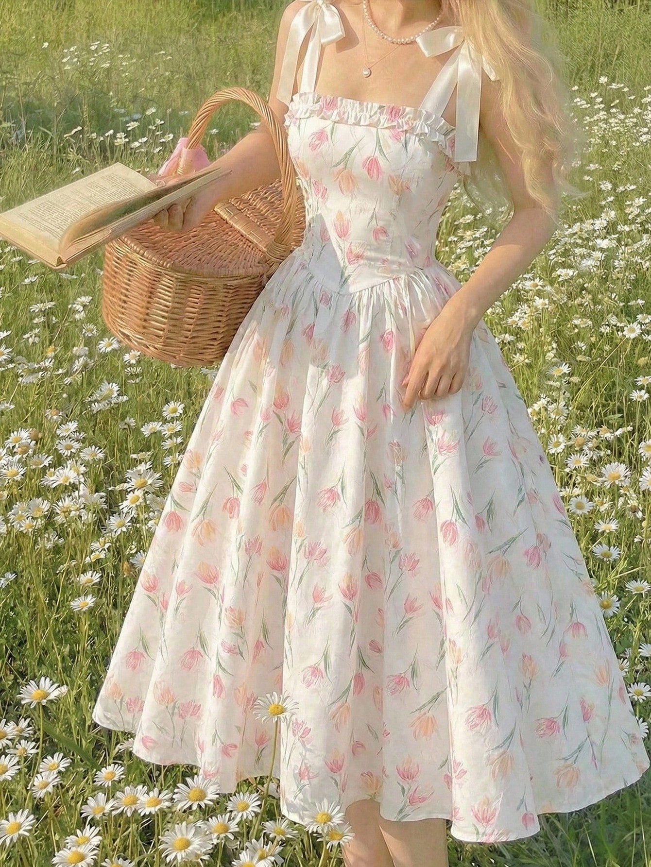 Tween girl apricot floral print midi dress with ruffle shoulder straps, shirred detail, and high waist A-line fit.
