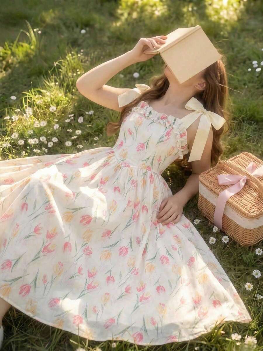 Tween girl apricot floral print midi dress with ruffle shoulder straps, shirred detail, and high waist A-line fit.
