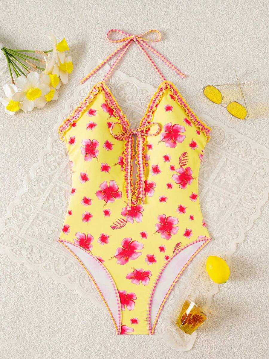 Multicolor floral print women's bikini swimsuit set featuring spaghetti straps, wireless lined bra with removable padding, backless lace-up design, and high cut bottom.