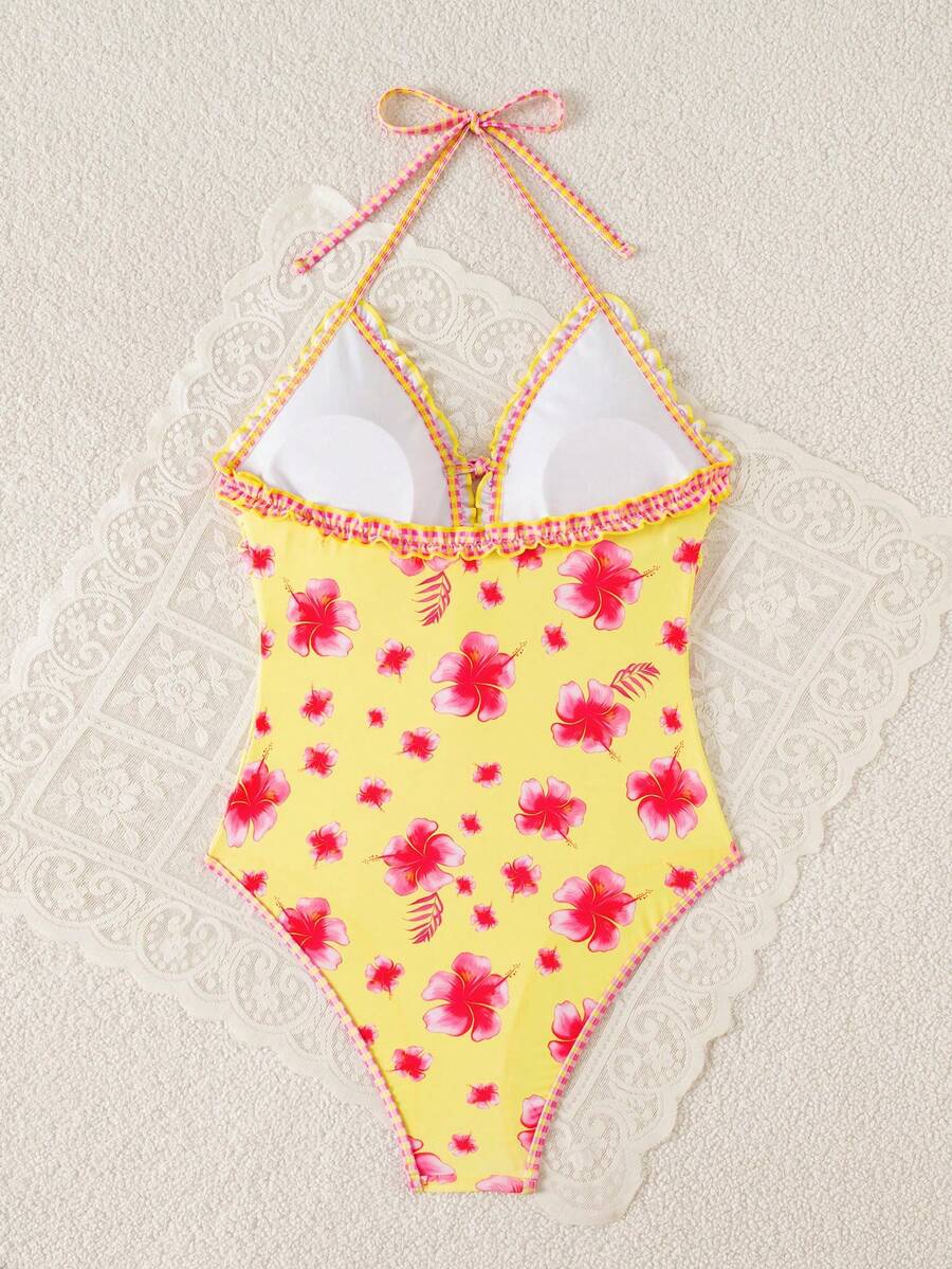 Multicolor floral print women's bikini swimsuit set featuring spaghetti straps, wireless lined bra with removable padding, backless lace-up design, and high cut bottom.