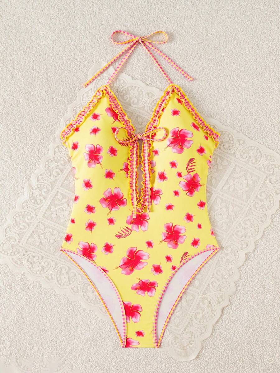 Multicolor floral print women's bikini swimsuit set featuring spaghetti straps, wireless lined bra with removable padding, backless lace-up design, and high cut bottom.