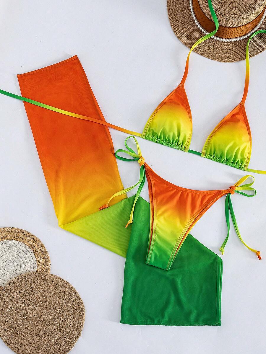 Women's 3-piece gradient bikini set featuring a green halter tie top with removable padding, low waist bottoms, and a matching sheer mesh skirt.