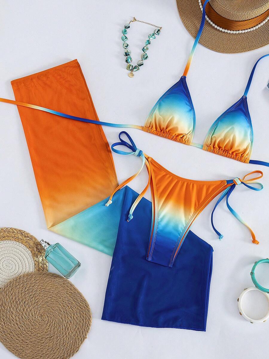 Women's 3-piece gradient bikini set featuring a green halter tie top with removable padding, low waist bottoms, and a matching sheer mesh skirt.