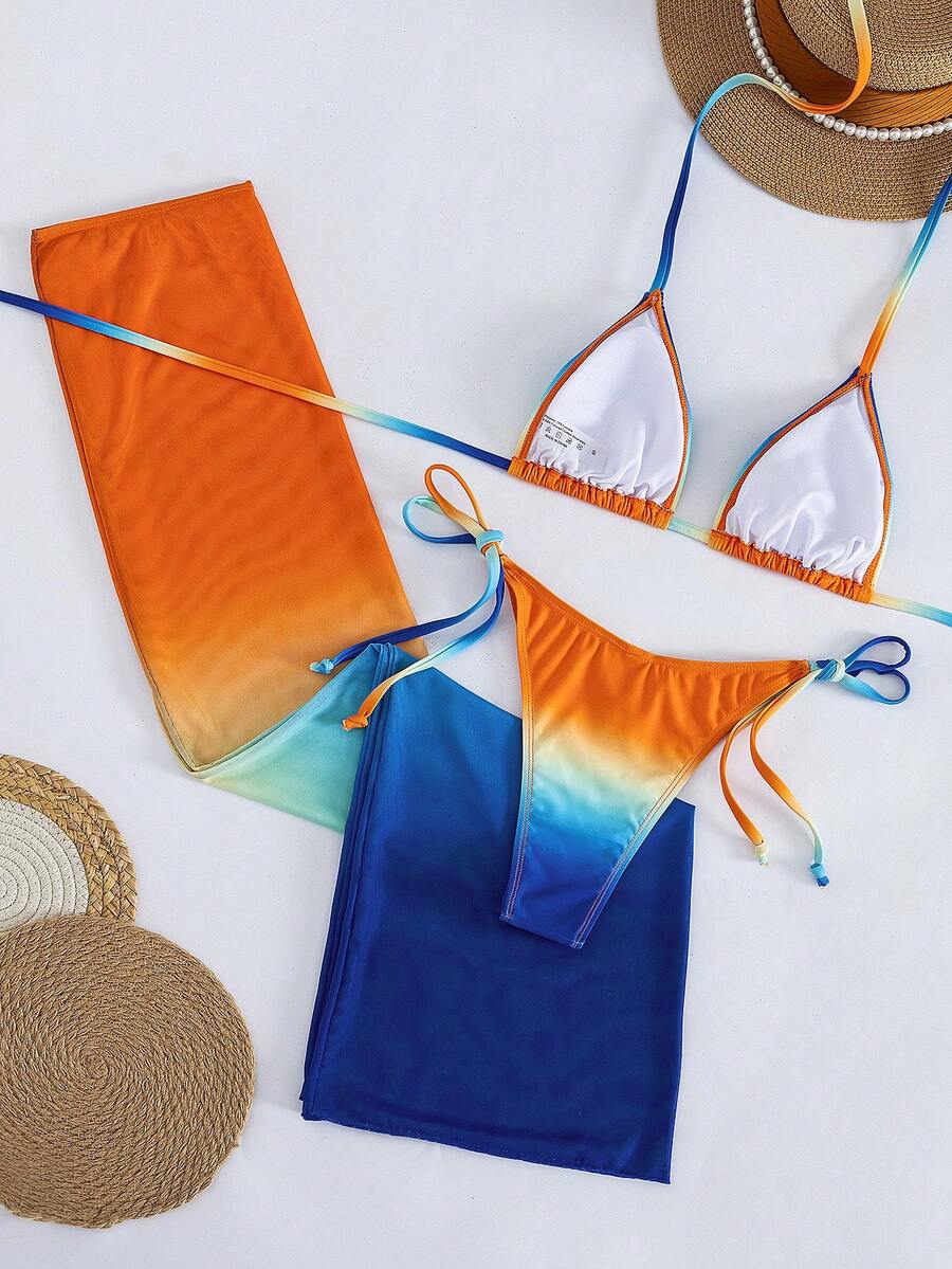 Women's 3-piece gradient bikini set featuring a green halter tie top with removable padding, low waist bottoms, and a matching sheer mesh skirt.