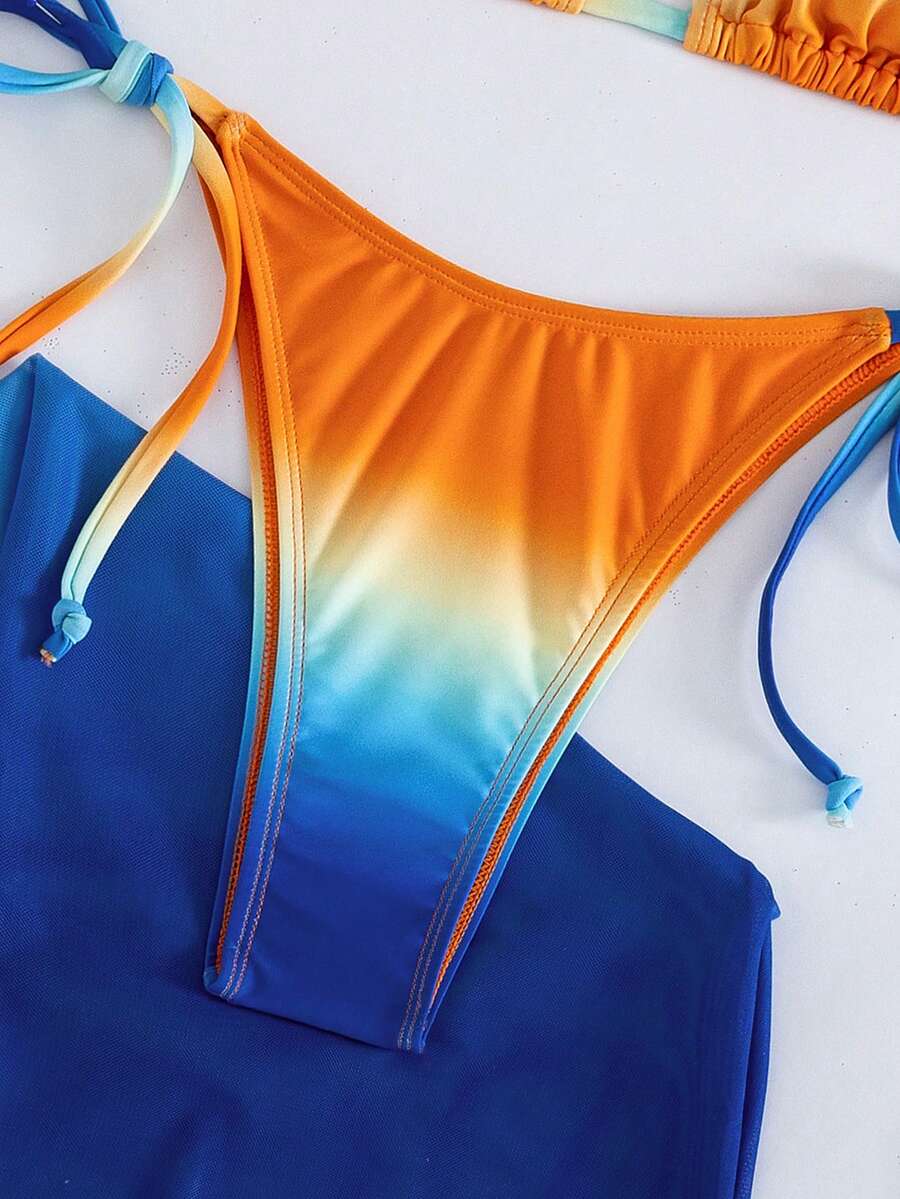 Women's 3-piece gradient bikini set featuring a green halter tie top with removable padding, low waist bottoms, and a matching sheer mesh skirt.
