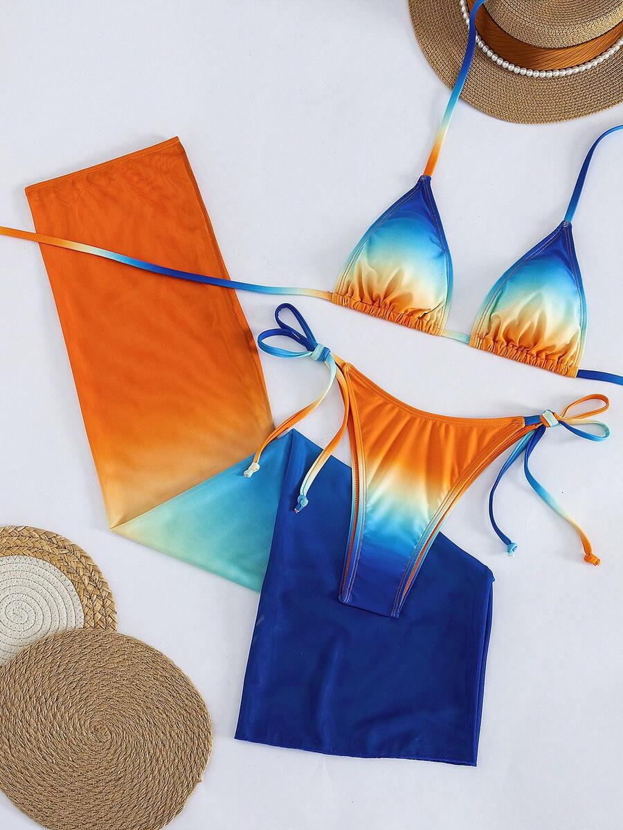 Women's 3-piece gradient bikini set featuring a green halter tie top with removable padding, low waist bottoms, and a matching sheer mesh skirt.