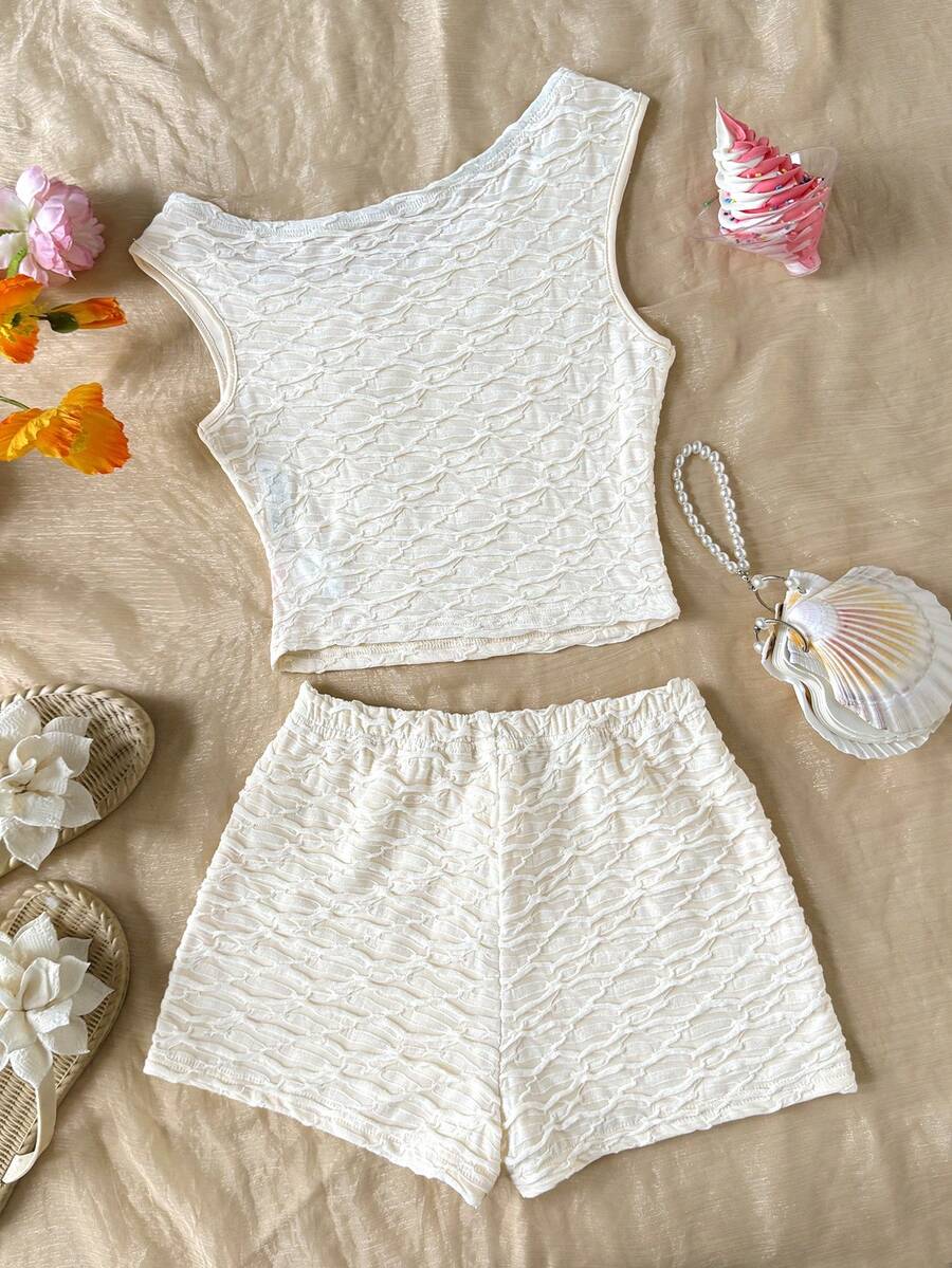 Tween girls army green striped rib-knit two-piece set with asymmetrical neck crop top and matching slim fit shorts.