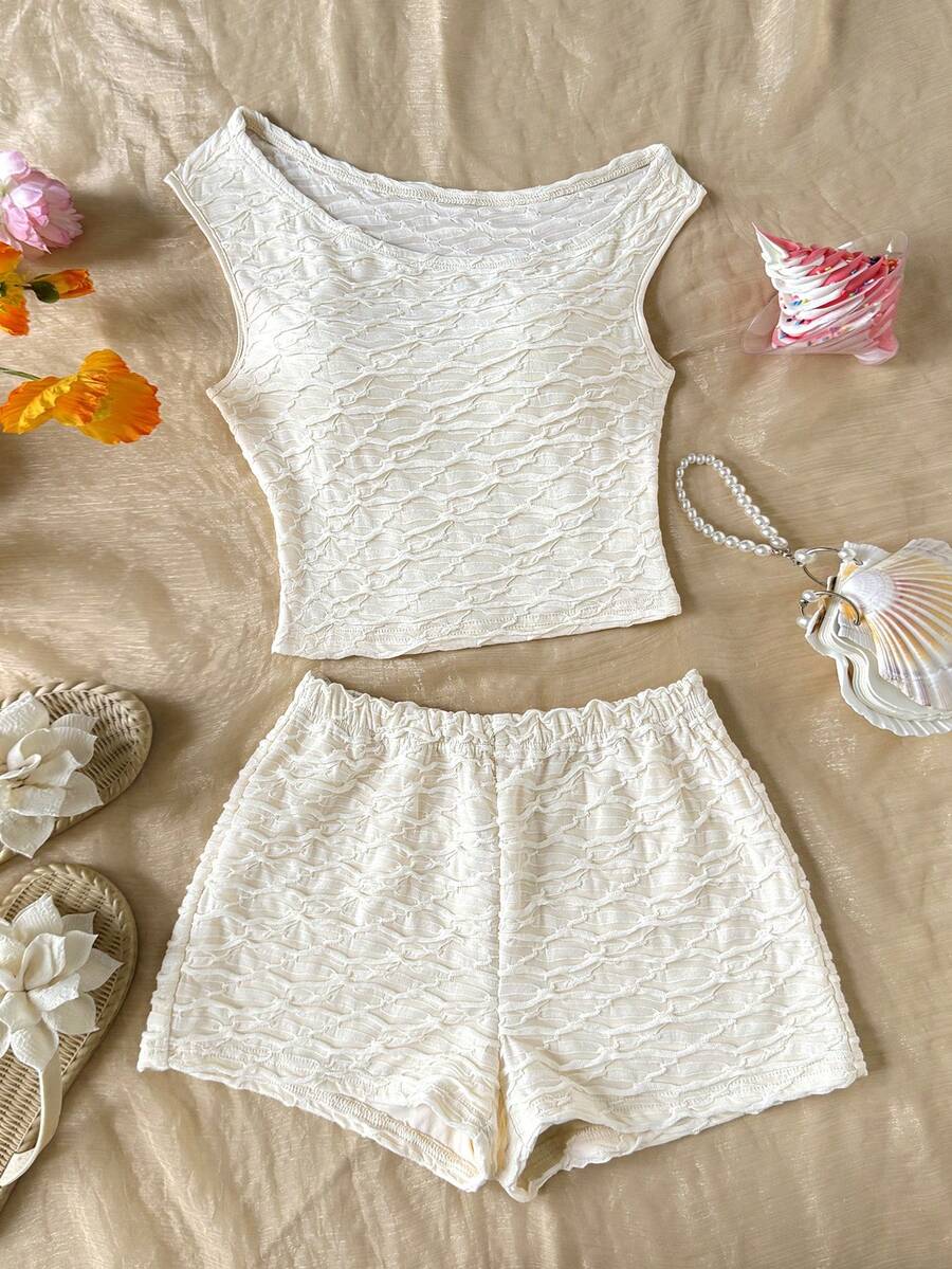 Tween girls army green striped rib-knit two-piece set with asymmetrical neck crop top and matching slim fit shorts.