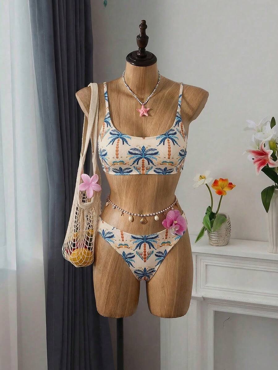 Apricot ribbed high waist two piece bikini swimsuit set for women featuring backless spaghetti strap top and high waisted bottoms.