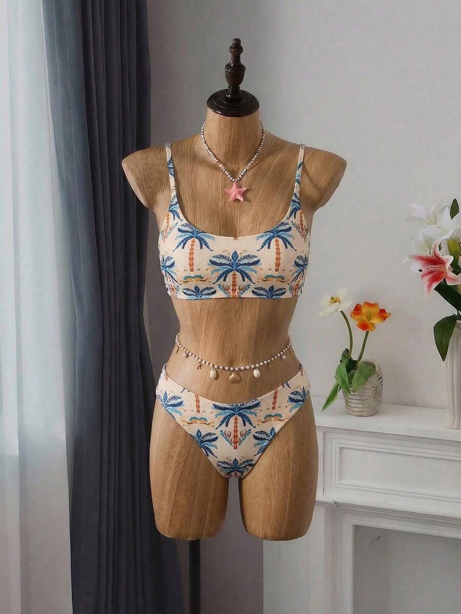 Apricot ribbed high waist two piece bikini swimsuit set for women featuring backless spaghetti strap top and high waisted bottoms.