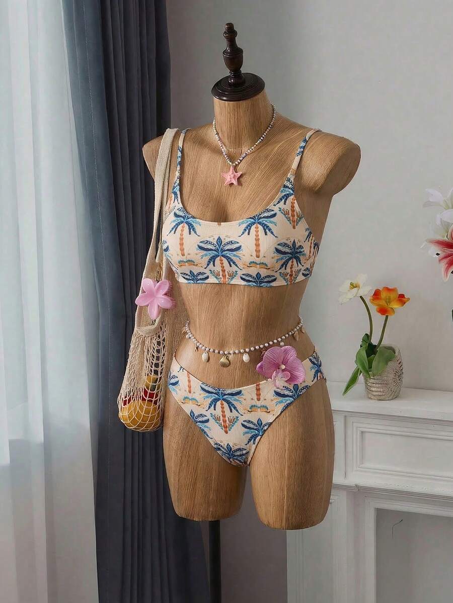 Apricot ribbed high waist two piece bikini swimsuit set for women featuring backless spaghetti strap top and high waisted bottoms.