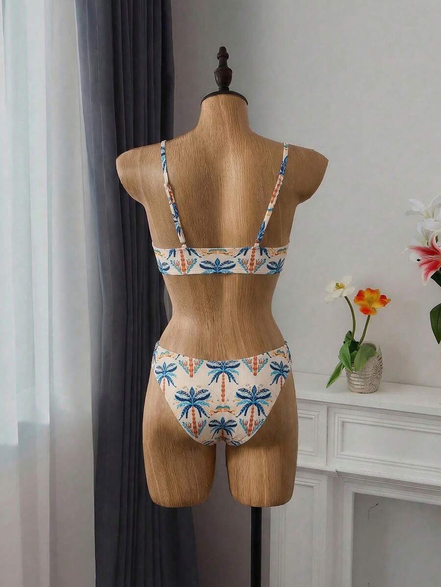 Apricot ribbed high waist two piece bikini swimsuit set for women featuring backless spaghetti strap top and high waisted bottoms.