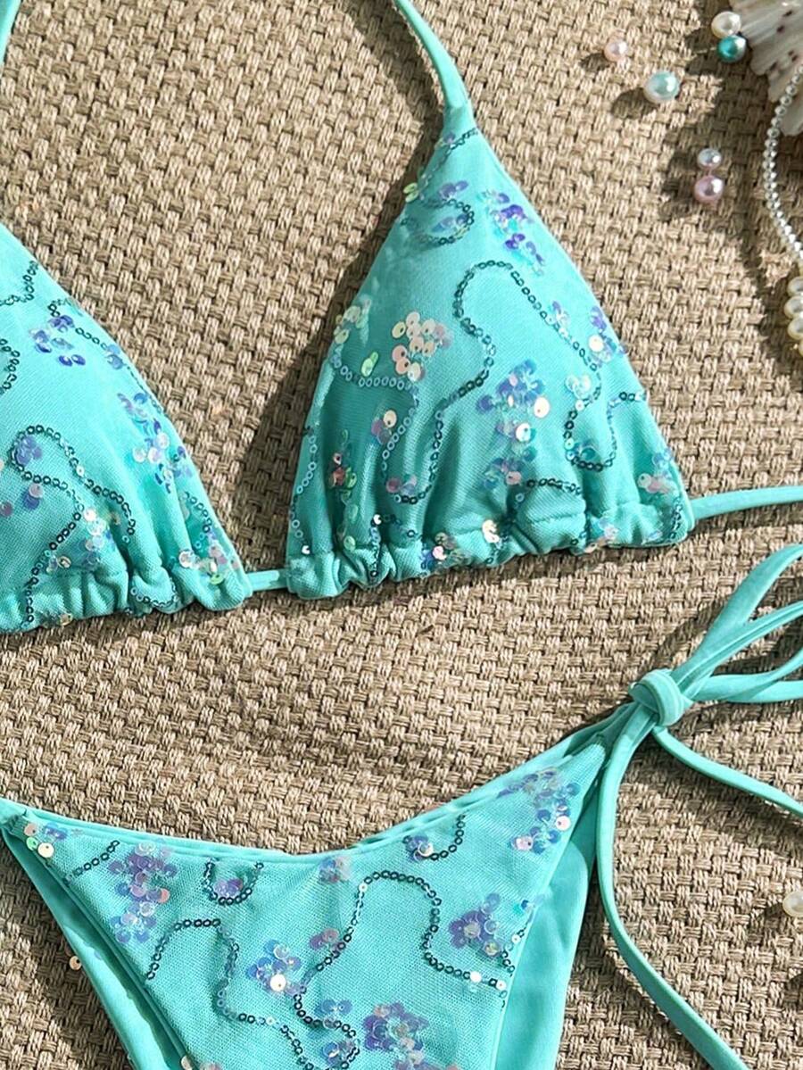Women's sequin textured halter triangle bikini top and high-waist side tie bikini bottom swimsuit set
